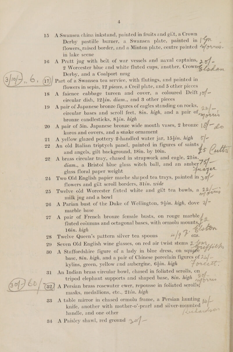 15 16 bi 4 A Swansea china inkstand, painted in fruits and git, a Crown Derby pastille burner, a Swansea plate, painted in [yn flowers, raised border, and a Minton plete, centre painted nf SAPD in lake seetie A Pratt jug with belt of war vessels and naval captains, 9 of - 2 Worcester blue and white fluted cups, another, Cr owng LE PS Derby, and a Coalport mug | Part of a Swansea tea service, with flutings, and painted 1 in flowers in sepia, 12 pieces, a Creil plate, and 5 other pieces A faience cabbage tureen and cover, a coloured Delft jof- circular dish, 124in. diam., and 3 other pieces A pair of Japanese bronze figures of eagles standing on rocks, ,, } circular bases and scroll feet, 8in. high, and a pair of 3 bronze candlesticks, 8$in. high A pair of 5in. Japanese ic onze wide mouth vases, 2 bronze \f—2 2 koros and covers, and a-shake ornament A yellow glazed pottery 2-handled water jar, 1537. high 5/- An old Italian triptych panel, painted in figures of saints i and angels, gilt background, 18in. by 10in. ‘eG A brass circular tray, chased in strapwork and eagle, 21in. diam., a Bristol blue glass witch ball, and an amber | glass floral paper weight ; funy ax Two Old English pap mache shaped tea trays, painted in 3of a flowers and gilt scroll borders, 31in. wide Twelve old Worcester fluted white and gilt tea bowls, a ili milk jug and a bowl A Parian bust of the Duke of Wellington, 9}in. high, dove a) is marble base A pair of French bronze a busts, on rouge marble / fluted columns and octagonal bases, with ormolu moun ee 16in. high oie 4d Ete bor Twelve Queen’s pattern silver tea spoons 14 Poze. rn ick Seven Old English wine glasses, on red air twist stems 24 Wp A Staffordshire figure of a lady in blue dress, on hi oO base, 8in. high, and a pair of Chinese porcelain figures of A -— kylins, green, yellow end aubergine, 63in. high FA hort An Indian brass circular bowl, chased in foliated hus ole tripod elephant supports and shaped base, 81. hgh ce Ge Pry D “Est masks, medallions, ete., 21in. high knife, another with mother-o’-pearl and silver- mounted - sig f &amp; + handle, and one other {deta A Paisley shawl, red a as} /. 