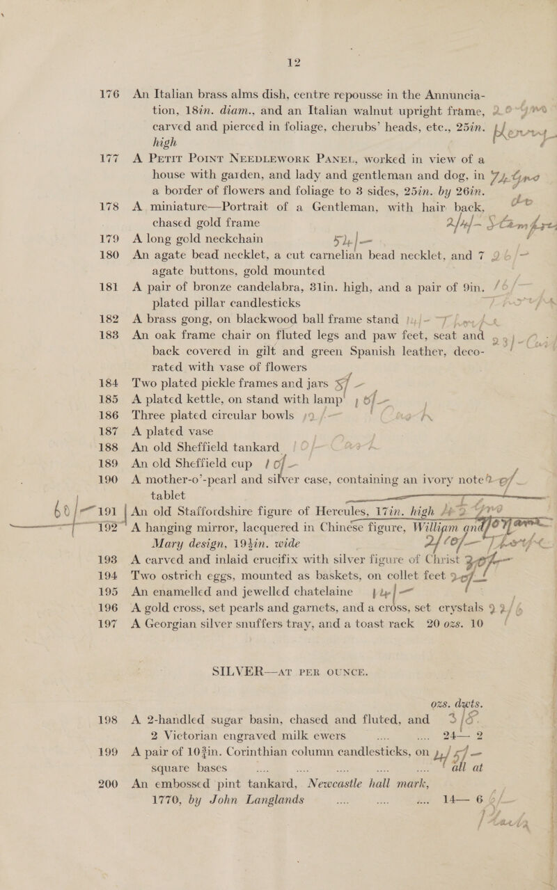 198 199 200 12 An Italian brass alms dish, centre repousse in the Annuncia- tion, 182. diam., and an Italian walnut upright frame, 2° carved and pierced i in foliage, cherubs’ heads, ete., 257n. Her high A Petit Powr NEEDLEWORK PANEL, worked in view of a house with garden, and lady and gentleman and dog, in 74G Gq Ld a border of flowers and foliage to 3 sides, 25in. by 26in. : £ A miniature—Portrait of a Gentleman, with hair back, sis A long geld neckchain wi |— An agate bead necklet, a cut carnelian bead necklet, and 7 2 / agate buttons, gold mounted | A pair of bronze candelabra, 31in. high, and a pair of 9in. plated pillar candlesticks A brass gong, on blackwood ball frame stand Leb Thee A An oak frame chair on fluted legs and paw feet, oss and . back covered in gilt and green Spanish leather, deco- rated with vase of flowers Two plated pickle frames and jars sf - A plated kettle, on stand with lamp’ ; 6/_- Three plated circular bowls /9. /. A plated vase An old Sheffield tankard. An old Sheffield cup / aa A. mother-o’-pearl and silver case, containing an ivory note 2-¢ VA tablet —— f An old Staffordshire figure of Hercules, l7in. high /#o Fre cata bs,   Mary design, 19%in. wide 4 ye Two ostrich eggs, mounted as baskets, on hoe feet 9 of An enamelled and jewelled chatelaine =} dl» ' . A gold cross, set pearls and garnets, and a cross, set crystals 9 a/ i A Georgian silver snuffers tray, and a toast rack 2002s. 10 SILVER—atT PER OUNCE. OBS. dts. A 2-handled sugar basin, chased and fluted, and ae 2 Victorian engraved milk ewers _.. f ie, A pair of 102in. Corinthian column ccmeleevice, on no) 5 = square bases ere all at An embossed ‘pint tented, Nedubntie hall se,