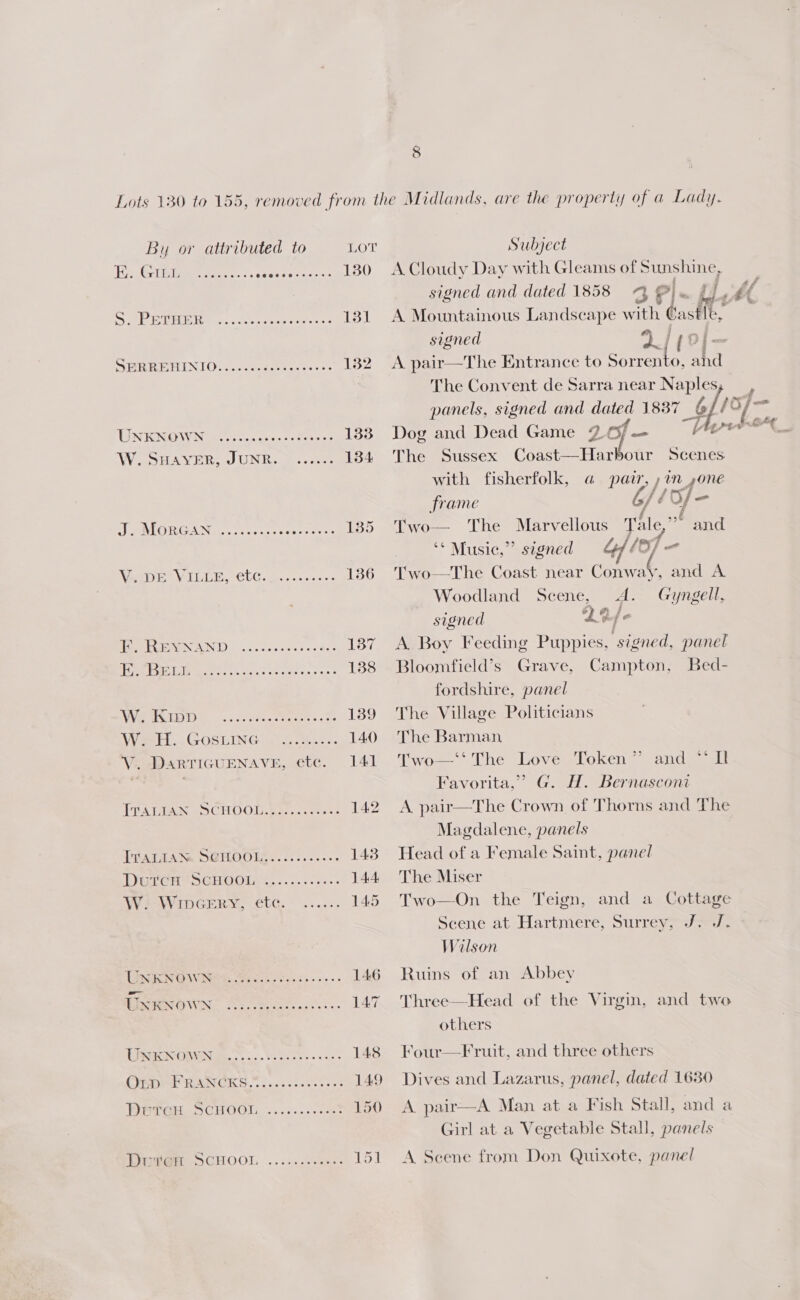 GL Lots 130 to 155, removed from the Midlands, are the property of a Lady. By or attributed to Ou Subject He Gibceroon..: BPR SO ANS 130 A Cloudy Day with Gleams of Sunshine, signed and dated 1858 4 P| . iL, ri tere ene Retisien seat es 131 A Mountainous Landscape with Castle, signed 2./ (]- SERREHINIO.....c.eceeeeee--- 132 A pair—The Entrance to Sorrento, an The Convent de Sarra near Naples panels, signed and dated 1837 _ 6 {PO of — UNENOWN (0.0.0.:...-¢-... 1388 Dowland Dead.Game 9 Ch — “Uns W. Suayver, JuNR. ...... 184 The Sussex Coremerar our Scenes with fisherfolk, a pair, pm one AG a frame Gf ¢ fOfj— ST ALOR GaN gee te cecect ates 135 Two— The Marvellous Talo,” and ‘* Music,” signed 4 6] =&lt; V. DE VILLE, etc. ......... 186 Two—The Coast near Core. and A Woodland Scene, &lt;A. Gyngell, signed Life HaehEYNAND. ..... eee 8 187 A Boy Feeding Puppies, signed, panel HACE Rwa tts cs: wine 188 Se Bioomftieldis’ Grave, Campton, Bed= fordshire, panel VVERIDTS: - .cccita wwsceeee 1389 The Village Politicians Veet. .GOSLING. Sis... 140 The Barman VV. DarTIGUENAVE, etc. 141 Two—‘‘ The Love Token” and “Il Favorita,’” G. H. Bernasconi   ITALIAN SCHOOL...... 2. 142 A pair—The Crown of Thorns and The Magdalene, panels ITALIAN SCHOOL,..... ,..... 143. Head of a Female Saint, panel DurcuSGHOOL «....... 144 The Miser W. Wiocery, ete. ...... 145 Two—On the Teign, and a Cottage Scene at Hartmere, Surrey, J. J. Wilson UNENOW Ness S500... tes. 146 Ruins of an Abbey UNKNOWN | olsccbeece ae 147. Three—Head of the Virgin, and two others LIRA ONTIN UR. ....Vitkoi esses 148 Four—Fruit, and three others QBDrERANCEKS. b...c2.0000 03 149 Dives and Lazarus, panel, dated 1630 Drren. SCHOOL ........5.2% 150 A pair—A Man at a Fish Stall, and a Girl at a Vegetable Stall, panels Twat OCHOOL .......s 50s 151 A Scene from Don Quixote, panel