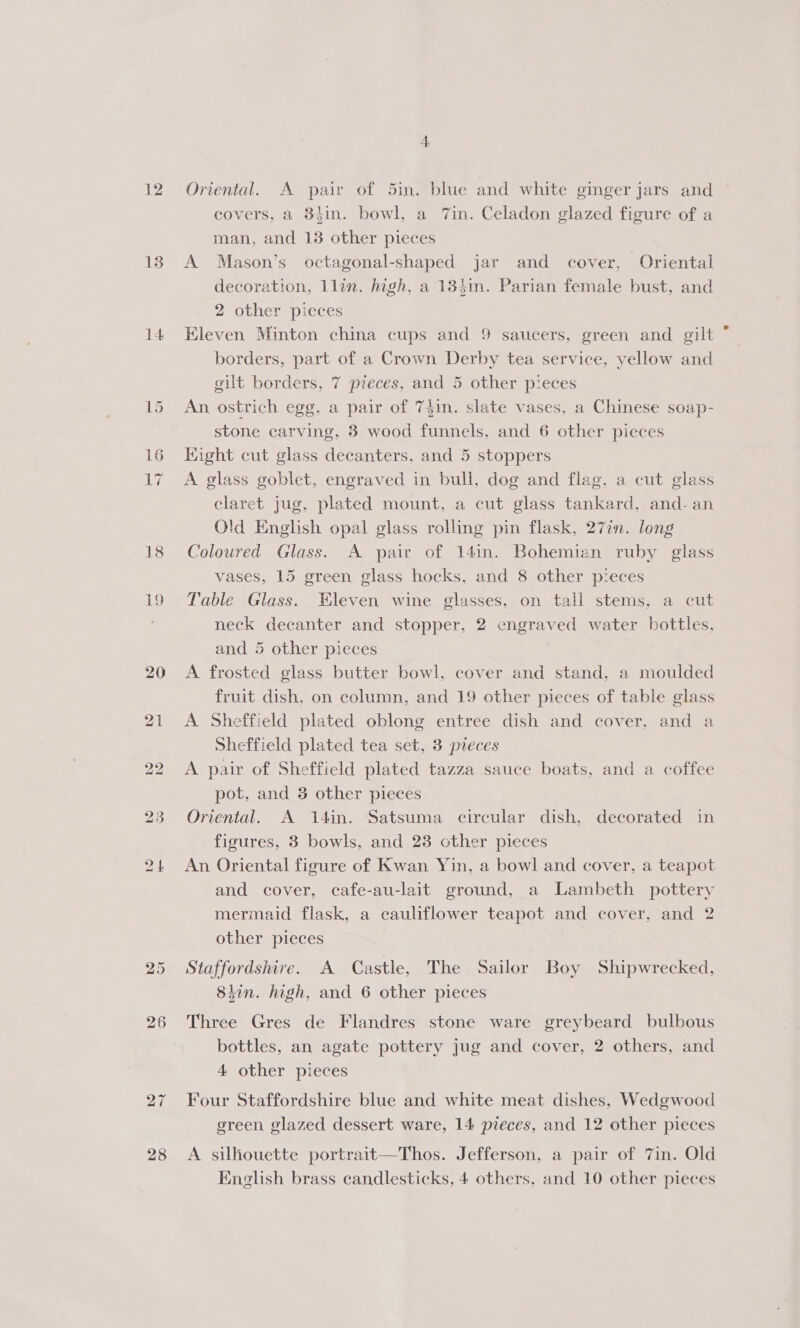 12 13 14 18 Ly 28 Oriental. A pair of 5in. blue and white ginger jars and covers, a 8hin. bowl, a 7in. Celadon glazed figure of a man, and 13 other pieces A Mason’s octagonal-shaped jar and cover, Oriental decoration, llin. high, a 134in. Parian female bust, and 2 other pieces Eleven Minton china cups and 9 saucers, green and gilt borders, part of a Crown Derby tea service, yellow and gilt borders, 7 pieces, and 5 other pieces An ostrich egg, a pair of 7$in. slate vases, a Chinese soap- stone carving, 3 wood funnels, and 6 other pieces Kight cut glass decanters, and 5 stoppers A glass goblet, engraved in bull, dog and flag, a cut glass claret jug, plated mount, a cut glass tankard, and- an O!d English opal glass rolling pin flask, 27in. long Coloured Glass. A pair of 14in. Bohemian ruby glass vases, 15 green glass hocks, and 8 other pieces Table Glass. Eleven wine glasses, on tall stems, a cut neck decanter and stopper, 2 engraved water bottles, and 5 other pieces | A frosted glass butter bowl, cover and stand, a moulded fruit dish, on column, and 19 other pieces of table glass A Sheffield plated oblong entree dish and cover, and a Sheffield plated tea set, 3 pieces A pair of Sheffield plated tazza sauce boats, and a coffee pot, and 3 other pieces Oriental. A 14in. Satsuma circular dish, decorated in figures, 8 bowls, and 23 other pieces An Oriental figure of Kwan Yin, a bowl and cover, a teapot and cover, cafe-au-lait ground, a Lambeth pottery mermaid flask, a cauliflower teapot and cover, and 2 other pieces Staffordshire. A Castle, The Sailor Boy Shipwrecked, 8iin. high, and 6 other pieces Three Gres de Flandres stone ware greybeard bulbous bottles, an agate pottery jug and cover, 2 others, and 4 other pieces Four Staffordshire blue and white meat dishes, Wedgwood green glazed dessert ware, 14 pieces, and 12 other pieces A silhouette portrait—Thos. Jefferson, a pair of 7in. Old