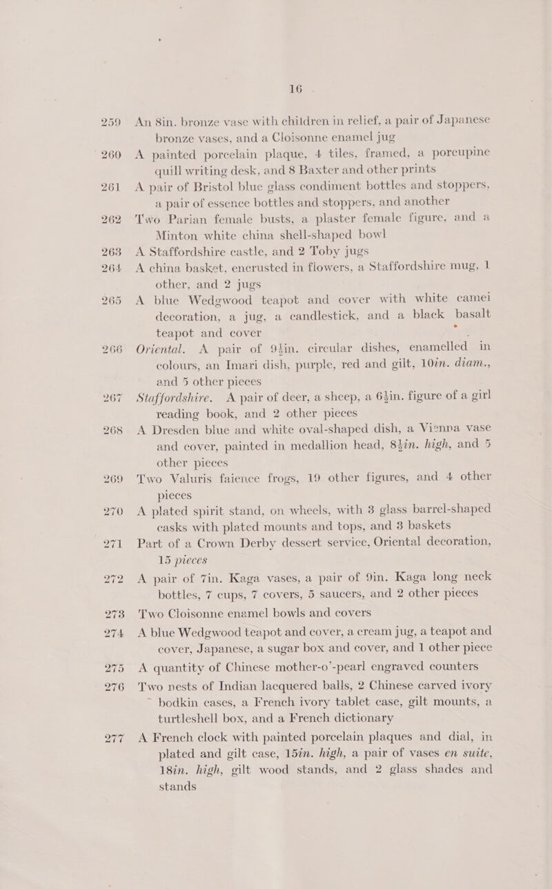 266 An 8in. bronze vase with children in relief, a pair of Japanese bronze vases, and a Cloisonne enamel jug A painted porcelain plaque, 4 tiles, framed, a porcupine quill writing desk, and 8 Baxter and other prints A pair of Bristol blue glass condiment bottles and stoppers, a pair of essence bottles and stoppers, and another Two Parian female busts, a plaster female figure, and a Minton white china shell-shaped bowl A Staffordshire castle, and 2 Toby jugs A china basket, encrusted in flowers, a Staffordshire mug, 1 other, and 2 jugs A blue Wedgwood teapot and cover with white camel decoration, a jug, a candlestick, and a black basalt teapot and cover “ee Oriental. A pair of 94in. circular dishes, enamelled in colours, an Imari dish, purple, red and gilt, 10a. diam., and 5 other pieces Staffordshire. A pair of deer, a sheep, a 64in. figure of a girl reading book, and 2 other pieces A Dresden blue and white oval-shaped dish, a Vienna vase and cover, painted in medallion head, 8}in. high, and 5 other pieces Two Valuris faience frogs, 19 other figures, and 4 other pieces A plated spirit stand, on wheels, with 3 glass barrel-shaped casks with plated mounts and tops, and 3 baskets Part of a Crown Derby dessert service, Oriental decoration, 15 pieces A pair of Tin. Kaga vases, a pair of 9in. Kaga long neck bottles, 7 cups, 7 covers, 5 saucers, and 2 other pieces Two Cloisonne enamel bowls and covers A blue Wedgwood teapot and cover, a cream jug, a teapot and cover, Japanese, a sugar box and cover, and 1 other piece A quantity of Chinese mother-o’-pearl engraved counters Two nests of Indian lacquered balls, 2 Chinese carved ivory ~ bodkin cases, a French ivory tablet case, gilt mounts, a turtleshell box, and a French dictionary A French clock with painted porcelain plaques and dial, in plated and gilt case, 15in. high, a pair of vases en suite, 18in. high, gilt wood stands, and 2 glass shades and stands