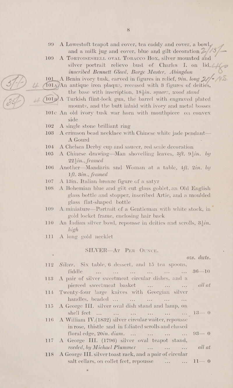 and a milk jug and cover, blue and gilt decoration 2 100 A ToRTOISESHELL OVAL Tosacco Box, silver mounted hod silver portrait relievo bust of Charles; I. -en 4id,, inscribed Bennett Gleed, Barge Master, Abingdon _ . . 5 ° : 5 fi re Vs 7 . ( ; *) ? 101_, A Benin ivory tusk, carved in figures in relief, 9in. long 27 Ps COL. AyAn antique iron plaque, recessed with 8 figures of deities, ne the base with inscription, 184in. square, wood stand (oy) A Turkish flint-lock gun, the barrel with engraved plated mounts, and the butt inlaid with ivory and metal bosses 101c An old ivory tusk war horn with mouthpiece on convex side 102 A single stone brilliant ring 103 A crimson bead necklace with Chinese white jade pendant— A Gourd - 104 A Chelsea Derby cup and saucer, red scale decoration 105 A Chinese drawing—Man shovelling leaves, 3ft. 94in. by 2240n., framed 106 Another—Mandarin and Woman at a table, 4ft. 2in. by Lft. 37n., framed 107 A 138in. Italian bronze figure of a satyr 108 A Bohemian blue and gilt cut glass goblet,an Old English glass bottle and stopper, inscribed Artic, and a moulded glass flat-shaped bottle 109 A. miniature—Portrait cf a Gentleman with white stock, in gold locket frame, enclosing hair back 110 An Indian silver bowl, repousse in deities and scrolls, 340n. high 111i <A long gold necklet SILVER—At PER~OUNCE. ozs. dwts. 112 Silver. Six table;6.dessert, and 15 tea spoons, fiddle ee = be ~ ... 86—10 113 A pair of silver sweetmeat circular dishes, and a pierced sweetmeat basket a an a all at 114 Twenty-four large knives with Georgian silver handles, beaded ff m4 : 115 A George III. silver oval dish stand and lamp, on she fects 4 ie ss ay a a lee. 116 A William IV.(1882) silver circular waiter, repousse in rose, thistle and in foliated scrolls and chased floral edge, 200n. diam. ... ss vals ... 938— 0 bly tA’ George 111 94,1796) salvar eval Feit stand, reeded, by Michael Plummer ee :: all at 118 A George III. silver toast rack, and a pair of ie salt cellars, on collet feet, repousse Nhe .. l1— 0