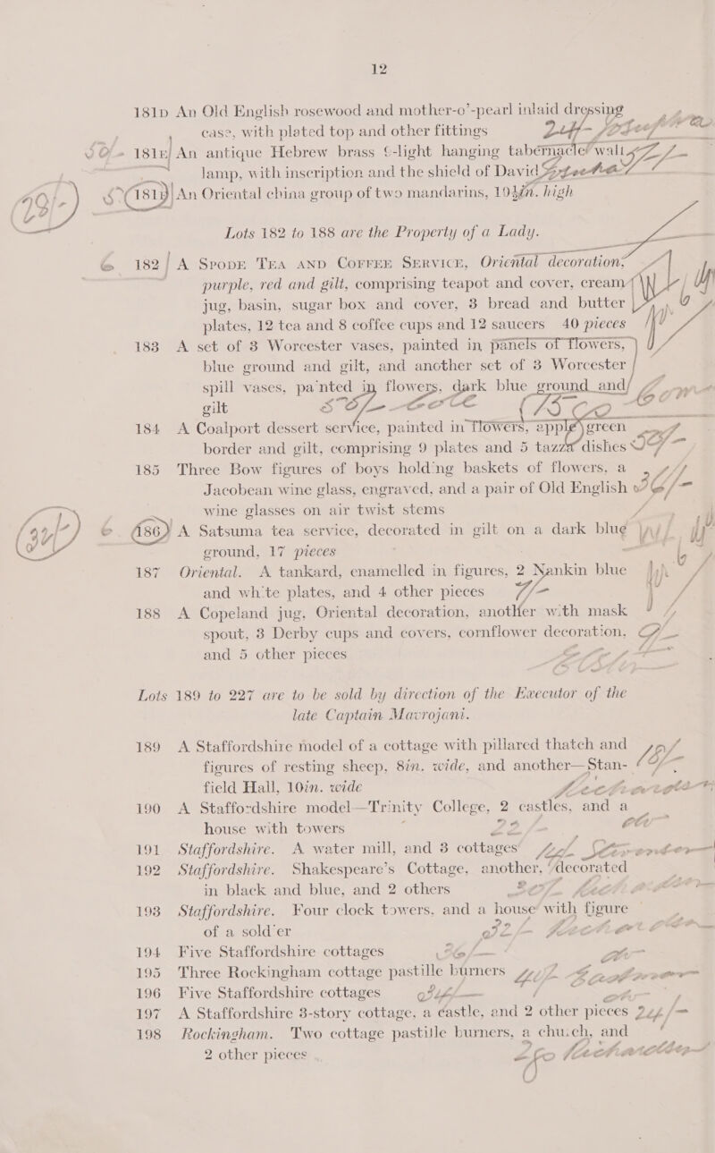 181p An Old English rosewood and mother-o’-pearl inlaid crpsyp ee Te case, with plated top and other fittings frees ae vO 181k An antique Hebrew brass ©-light hanging tabernacle Relig 7 a” | ney . lamp, with inscription and the shield of David WitethaY A i819] An Oriental china group of two mandarins, 19 lin. high  Lots 182 to 188 are the Property of a Lady. ~ 182] A Spopr TEA AND COFFEE SERVICE, Oriental decoration; — purple, red and gilt, comprising teapot and cover, cream | jug, basin, sugar box and cover, 8 bread and butter | plates, 12 tea and 8 coffee cups and 12 saucers 40 pieces i Al 1838 A set of 3 Worcester vases, painted in panels of flowers, blue ground and gilt, and another set of 38 Worcester Pos dark blue sround. and/ 4 ie a de i ae   spill vases, pa nted i gilt S 184 <A Coalport dessert service, painted in TloWeFs, 2p) border and gilt, comprising 9 plates and 5 tazz 185 Three Bow figures of boys holding baskets of flowers, a   Jacobean wine glass, engraved, and a pair of Old English 3. fort ae | . wine glasses on air twist stems ere / % yi -) e 36) A Satsuma tea service, decorated in gilt on a dark blue id, je Cae a ground, 17 pieces — | a 187 Oriental. A tankard, enamelled in figures, 2 » Nanikin blue Ris y and wh‘te plates, and 4 other pieces 7/- ) fa 188 A Copeland jug, Oriental decoration, anotHer with mask spout, 8 Derby cups and covers, cornflower decoration, C4 and 5 other pieces ‘ Ke fp af a ow Lots 189 to 227 are to be sold by direction of the Executor of the late Captain Mavrojant. 189 A Staffordshire model of a cottage with pillared thatch and JEL. figures of resting sheep, 8in. wide, and another— Stan- Y field Hall, 10in. wide Jeectlran ote -F - 190 A Staffordshire model—Tri nity College, 2 castles, and a house with towers “ | ~~ 191. Staffordshire. A water mill, and 8 cottages’ £,f \etipendéer— ; Fe ae ee ath i * 192 Staffordshire. Shakespeare’s Cottage, another, ‘decorated «> F. Pa in black and blue, and 2 others S25/.. Ae GOEP ra 6 193 Staffordshire. Four clock towers, and a house’ w with figure Pe of a solder S- fecthetler— 194 Five Staffordshire cottages Ble ham of, 195 Three Rockingham cottage pastille burners Li re ¢ ale ae 196 Five Staffordshire cottages oS bham— a eS. 197 A Staffordshire 3-story cottage, a ¢astle, and 2 other pieces 2¢/ _ 198 Rockingham. Two cottage pastiJle burners, a chu:ch, and ; 2 ~ fd. i . » ett a —_— 2 other pieces éfo fect artccde,