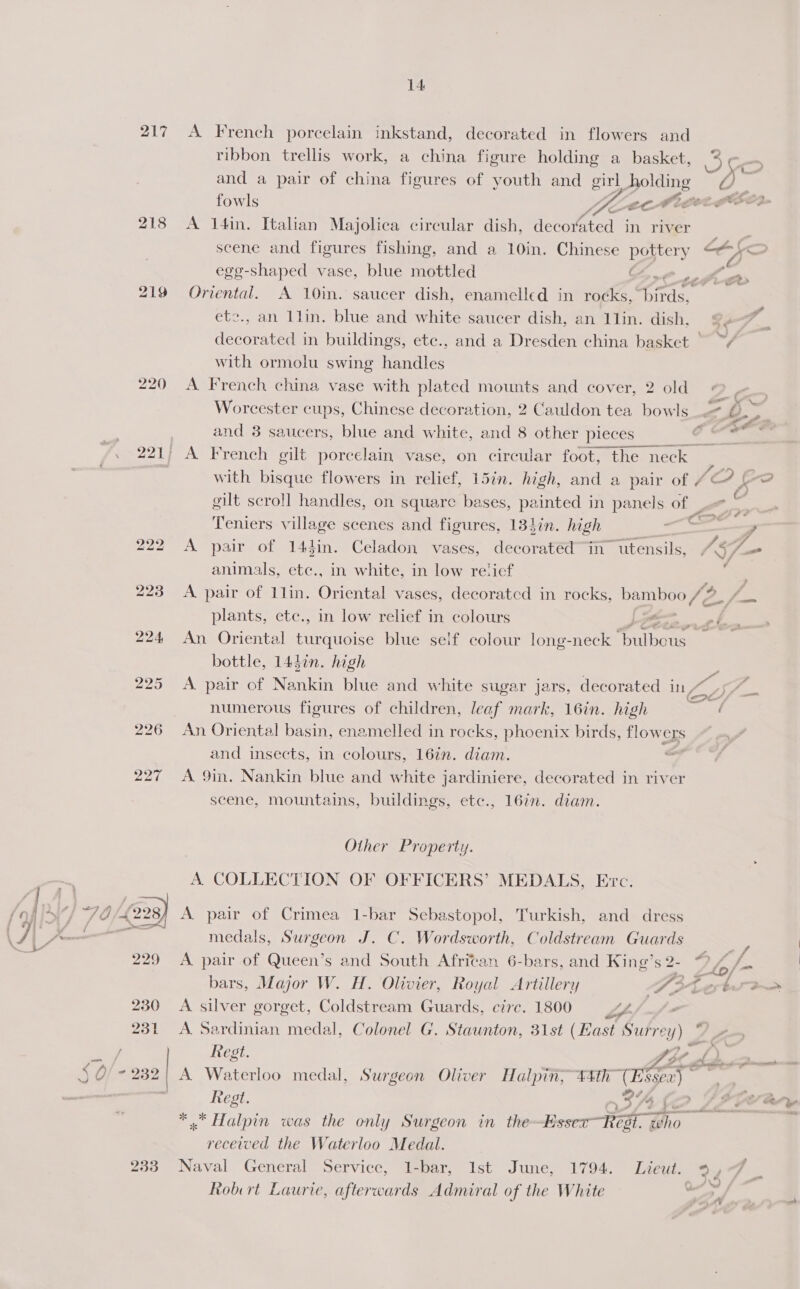 217 A French porcelain inkstand, decorated in flowers and ribbon trellis work, a china figure holding a basket, a oo . . . F . . “a L a and a pair of china figures of youth and girl ee hh &amp; “se. Pr a 4 fowls BAC CORLEY 218 <A 14in. Italian Majolica circular dish, decorated in river | scene and figures fishing, and a 10in. Chinese pottery @@}<o egg-shaped vase, blue mottled SO ve hig> 219 Oriental. A 10in. saucer dish, enamelled in rocks, birds, etc., an 1llin. blue and white saucer dish, an llin. dish, © o decorated in buildings, ete., and a Dresden china basket © ~¥ with ormolu swing handles 220 A French china vase with plated mounts and cover, 2 old ©. Worcester cups, Chinese decoration, 2 Cauldon tea bowls _. oe Sy and 3 saucers, blue and white, and 8 other pieces <= . 221; A French gilt porcelain vase, on circular foot, the neck with bisque flowers in relief, 15in. high, and a pair of 7G ke gilt scroll handles, on square bases, painted in panels of ; | Teniers village scenes and figures, 134in. high be co , 222 A pair of 14din. Celadon vases, decoratéd™in utensils, 15) ‘ animals, etc., in white, in low relief 223 A pair of 1lin. Oriental vases, decorated in rocks, bamboo #2: ss plants, etc., in low relief in colours Loews eb 224 An Oriental conerdpice blue seif colour long-neck Dulhan: bottle, 144in. high 225 A pair of Nankin blue and white sugar jars, decorated inky a numerous figures of children, leaf mark, 16in. high ; 226 An Oriental basin, enamelled in rocks, phoenix birds, flowers and insects, in colours, 167. diam. cx 227 A 9in. Nankin blue and white jardiniere, decorated in river scene, mountains, buildings, etc., 16in. diam. Other Property. — A COLLECTION OF OFFICERS’ MEDALS, Evc. j aA Omer L 228) A. pair of Crimea 1-bar Sebastopol, Turkish, and dress \ ILA ee medals, Surgeon J. C. Wordsworth, Coldstream Guards So Z 229 A pair of Queen’s and South Afritan 6-bars, and King’s sues x= bars, Major W. H. Olivier, Royal Artillery A Lette 230 A silver gorget, Coldstream Guards, circ. 1800 if/ 231 A Sardinian medal, Colonel G. Staunton, 31st (East Surrey) me Regt. Be rs a 50 ~ 232) A Waterloo medal, Surgeon Oliver Halpin, 44th” Eisen) _ ) | Regt. 42 SICA, ensbonn se age 8 * Halpin was the only Surgeon in the—Hssex~7 ROT 2 received the Waterloo Medal. 233. Naval General Service, 1-bar, Ist June, 1794. Lieut. %. Robrt Laurie, afterwards Admiral of the White i