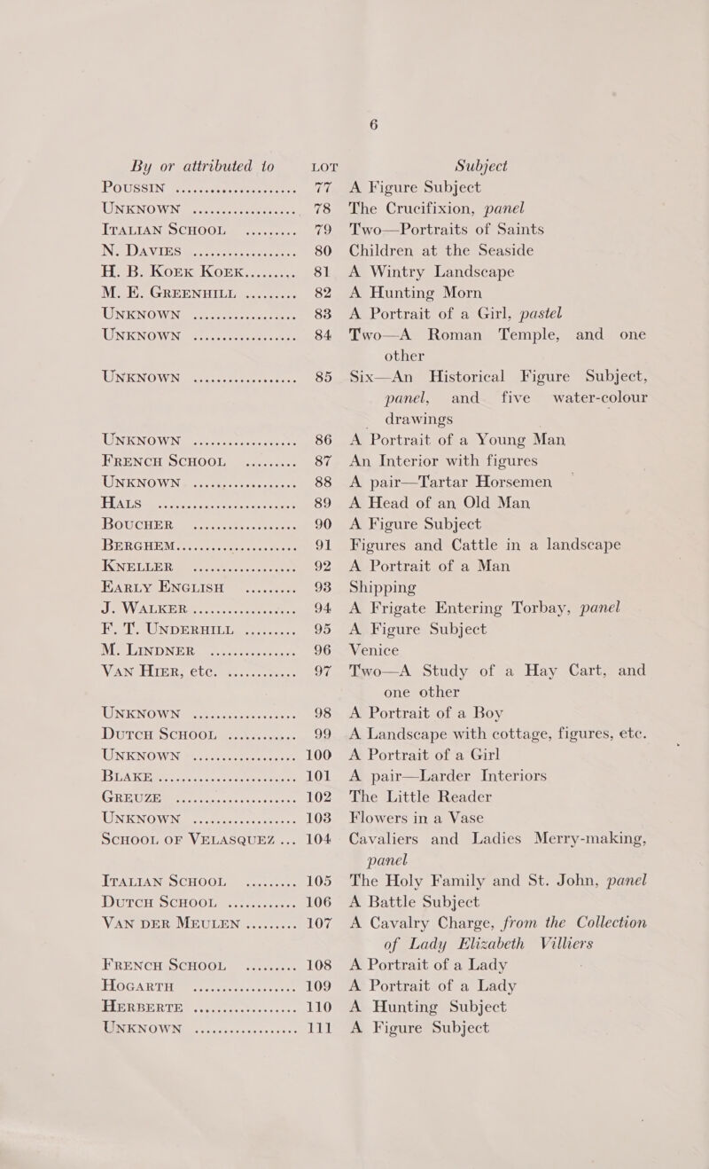 POUSSIN Beye seae eer eres UNKNOWN ITALIAN SCHOOL INGO LA VLE Se eee ter ence ti HeB a KOE KOE... M. E. GREENHILL UNKNOWN UNKNOWN eevee eeee eoeoeoeerererrreeeeeeee e@eeeeeesretreeereeees UNKNOWN eeeeeeeeereeeeeeees Coe eererceereseses eeeeeeson Coors esoreeoseeeee Ce @eoeeseeoeeeeeeseeeeen BERGHEM?:.«..c.5: cern tds d GRADIENT 77 atts eee eS EARLY ENGLISH Je VWALKEIRG rt eee HL AUNDERAILL M. LINDNER eee eereeres eee eeeeeoe eaoeereereereeeeeeee eoeoreereeeeeoeoeeeeeeoeeees eooeeree reer eeseseeeeoe SCHOOL OF VELASQUEZ... ITALIAN SCHOOL Dutcu ScHOOL eeoeeereren eeeeeeeeereoe FRENCH SCHOOL HoGartTu HERBERTE UNKNOWN eeeereerersereereeree A Figure Subject The Crucifixion, panel Two—Portraits of Saints Children at the Seaside A Wintry Landscape A Hunting Morn A Portrait of a Girl. pastel Two—A Roman Temple, and one other Six—An Historical Figure Subject, panel, and five water-colour drawings ; A Portrait of a Young Man An Interior with figures A pair—Tartar Horsemen A Head of an Old Man A Figure Subject Figures and Cattle in a landscape A Portrait of a Man Shipping A Frigate Entering Torbay, panel A Figure Subject Venice Two—A Study of a Hay Cart, and one other A Portrait of a Boy A Landscape with cottage, figures, etc. A Portrait of a Girl A pair—Larder Interiors The Little Reader Flowers in a Vase Cavaliers and Ladies Merry-making, panel The Holy Family and St. John, panel A Battle Subject A Cavalry Charge, from the Collection of Lady Elizabeth Villiers A Portrait of a Lady A Portrait of a Lady A Hunting Subject A Figure Subject