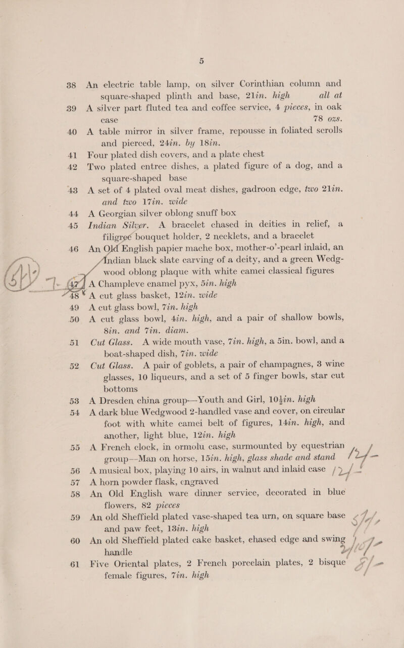 38 39 60 61   5 An electric table lamp, on silver Corinthian column and square-shaped plinth and base, 2lin. high all at A silver part fluted tea and coffee service, 4 pieces, in oak case 78 028. A table mirror in silver frame, repousse in foliated scrolls and pierced, 24in. by 182n. Four plated dish covers, and a plate chest Two plated entree dishes, a plated figure of a dog, and a square-shaped base A set of 4 plated oval meat dishes, gadroon edge, two 21in. and two 17in. wide A Georgian silver oblong snuff box Indian Silver. A. bracelet chased in deities in relief, a filigreé bouquet holder, 2 necklets, and a bracelet An Old English papier mache box, mother-o’-pearl inlaid, an Mndian black slate carving of a deity, and a green Wedg- wood oblong plaque with white camei classical figures A cut glass bowl, 7in. high A cut glass bowl, 4in. high, and a pair of shallow bowls, 8in. and Tin. diam. Cut Glass. A wide mouth vase, 7in. high, a 5in. bowl, and a boat-shaped dish, 7in. wide Cut Glass. &lt;A pair of goblets, a pair of champagnes, 3 wine glasses, 10 liqueurs, and a set of 5 finger bowls, star cut bottoms A Dresden china group—Youth and Girl, 10$in. high | A dark blue Wedgwood 2-handled vase and cover, on circular foot with white camei belt of figures, 14in. high, and another, light blue, 127. high A French clock, in ormolu case, surmounted by equestrian group--Man on horse, 15in. high, glass shade and stand A horn powder flask, engraved An Old English ware dinner service, decorated in blue flowers, 82 pieces and paw feet, 13in. high handle female figures, 7in. high