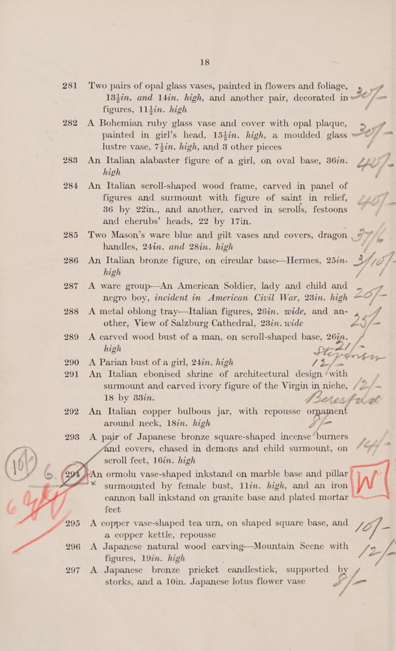 281 ‘Two pairs of opal glass vases, painted in flowers and foliage, de) ; 13kin. and 14in. high, and another pair, decorated ine’, fice figures, lldin. high | 282 A Bohemian ruby glass vase and cover with opal plaque, » painted in girl’s head, 154in. high, a moulded glass wtf = lustre vase, 747n. high, and 3 other pieces é 283 An Italian alabaster figure of a girl, on oval base, 367n. is. high 284 An Italian scroll-shaped wood frame, carved in panel of figures and surmount with figure of saint in relief, 36 by 22in., and another, carved in scrolls, festoons and cherubs’ heads, 22 by 17in. 285 'Two Mason’s ware blue and gilt vases and covers, dragon oF, handles, 240n. and 28in. high a 286 An, Italian bronze figure, on circular base—Hermes, 25in.- Yue y , 5 high ; / A 287 A ware group—An American, Soldier, lady and child and ~ _-¥ negro boy, incident in American Civil War, 28in. high Cop = 288 &lt;A metal oblong tray—lItalian figures, 26in. wide, and an- 56 4 = other, View of Salzburg Cathedral, 23in. wide aN hoe 289 A carved wood bust of a man, on scroll-shaped base, 26in. jf, gle | Lt 2 t/ 290 A Parian bust of a girl, 24én. high PP Nile Ss as 291 An Italian ebonised shrine of architectural design ’ a surmount and carved ivory figure of the Virgin in niche, é Ft fe 18 by 33in. #4 enesPerat 292 An, Italian copper bulbous jar, with repousse onaznent around neck, 187n. high 293 &lt;A pair of Japanese bronze square-shaped incense’ Apurners to fand covers, chased in demons and child surmount, on “” scroll feet, 16in. high  j ‘An, ormolu vase-shaped inkstand on marble base and pillar ; ~““* surmounted by female bust, llin. high, and an iron | cannon, ball inkstand on granite base and plated mortar feet A copper vase-shaped tea urn, on shaped square base, and Vs lig a copper kettle, repousse A Japanese natural wood carving-—Mountain Scene with (2 | figures, 19in. high po 297 A Japanese bronze pricket candlestick, supported a/ f storks, and a 10in. Japanese lotus flower vase A ham  fy /