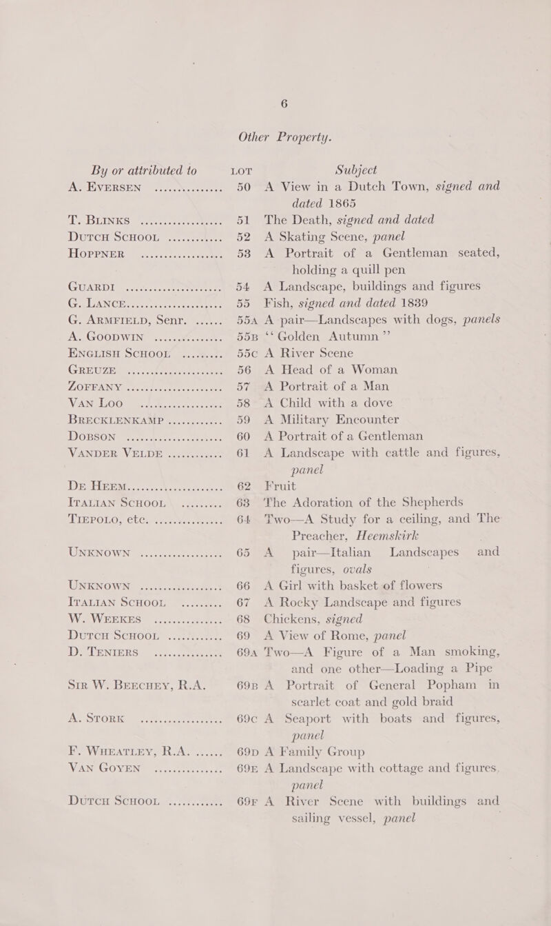 By or attributed to LOT (AMEVERSEN? os). ok. sere 50 Te BUINKS” 2s ee eee 51 DUrcH SCHOOL... 52 LIOPENER Genero eae 53 (GQUARDI -ort.ccec ere 54 (ELANCE eee eee thee 55 G. ARMFIELD, Senr. ...... 55A A GOODWIN) 1. oe eek. 55B ENGLISH SCHOO J...%..?. 55c GREUZ Eg) Ore ae cee 56 LOVING oct eter te 57 VANTIOG aie 4 ec eee ee 58 IBRECKLENKAMP..csctacec. 59 DOBSON sa. a 60 VANDER: ViELDE sees 61 Drelipeay. oko 62 PATA NG SC EH OOIe eee ee 63 (PIEPOLO, CUCh es soem ee: G4 URN GOWN rs cote ee 65 UNKOWN =. fost 66 ITALIAN SCHOOL. 0. .oe 67 WOWRERES ) 5.05: .0. oe 68 Durcu Senoon ...0Ne es, 69 DIS CENIERS 9 2h... eee 69A Sir W. BEecuey, R.A. 69B ARC LOR Ka rite. oe neers 69c POY WHEATLEY, RAY 2S 69D VAN GOYEN &lt;....01To ee 69E Dvureun SCHOOL. &gt;. 55. 22 69F Subject A View in a Dutch Town, signed and dated 1865 The Death, signed and dated A Skating Scene, panel A Portrait of a Gentleman seated, holding a quill pen A Landscape, buildings and figures Fish, signed and dated 1839 A pair—Landscapes with dogs, panels “Golden Autumn ” Aviviver Scene A Head of a Woman A Portrait of a Man A Child with a dove A Military Encounter A Portrait of a Gentleman A Landscape with cattle and figures, panel Fruit The Adoration of the Shepherds Two—A Study for a ceiling, and The Preacher, Heemskirk pair—lItalian Landscapes figures, ovals | A Girl with basket of flowers A Rocky Landscape and figures Chickens, signed A View of Rome, panel Two—A Figure of a Man smoking, and one other—Loading a Pipe A Portrait of General Popham in scarlet coat and gold braid A and panel A Family Group panel sailing vessel, panel