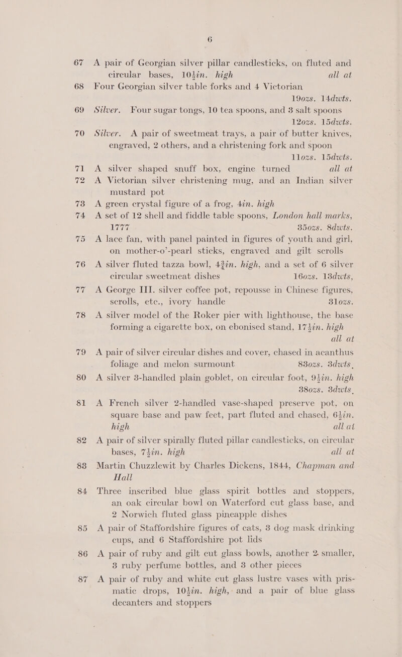 67 638 69 70 val 72 73 T4 75 76 Le 78 79 80 81 82 83 84, 85 86 A pair of Georgian silver pillar candlesticks, on fluted and circular bases, 103in. high all at Four Georgian silver table forks and 4 Victorian 190zs. 14dwts. Silver. Four sugar tongs, 10 tea spoons, and 3 salt spoons 120zs. 15dwts. Silver. A pair of sweetmeat trays, a pair of butter knives, engraved, 2 others, and a christening fork and spoon llozs. 15dwis. A silver shaped snuff box, engine turned all at A Victorian silver christening mug, and an Indian silver mustard pot A green crystal figure of a frog, 4in. high A set of 12 shell and fiddle table spoons, London hall marks, Le 35028. 8dwts. A lace fan, with panel painted in figures of youth and girl, on mother-o’-pearl sticks, engraved and gilt scrolls A silver fluted tazza bowl, 43in. high, and a set of 6 silver circular sweetmeat dishes 1602s. 13dzwts, A George III. silver coffee pot, repousse in Chinese figures, scrolls, etc., ivory handle 310zs. A silver model of the Roker pier with lighthouse, the base forming a cigarette box, on ebonised stand, 17}7n. high all at A pair of silver circular dishes and cover, chased in acanthus foliage and melon surmount 8302s. 3duts, A silver 3-handled plain goblet, on circular foot, 94in. high 3802s. 3dwis, A French silver 2-handled vase-shaped preserve pot, on square base and paw feet, part fluted and chased, 64in. high all at A pair of silver spirally fluted pillar candlesticks, on circular bases, 74in. high all at Martin Chuzzlewit by Charles Dickens, 1844, Chapman and Hall Three inscribed blue glass spirit bottles and stoppers, an oak circular bowl on Waterford cut glass base, and 2 Norwich fluted glass pineapple dishes A pair of Staffordshire figures of cats, 83 dog mask drinking cups, and 6 Staffordshire pot lids A pair of ruby and gilt cut glass bowls, another 2 smaller, 3 ruby perfume bottles, and 3 other pieces A pair of ruby and white cut glass lustre vases with pris- matic drops, 10din. high, and a pair of blue glass decanters and stoppers