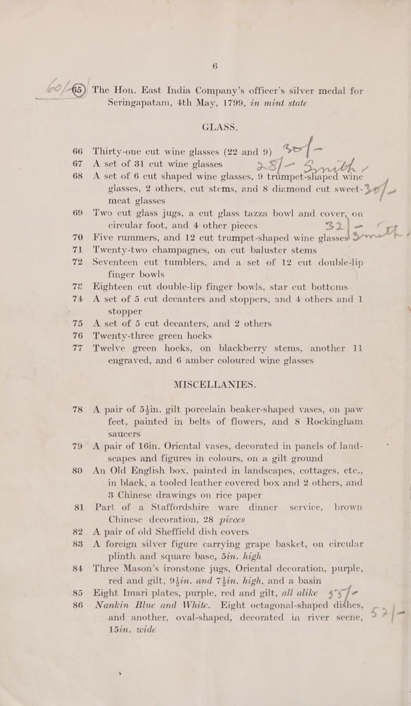 66 67 68 69 78 Seringapatam, 4th May, 1799, in mint state GLASS. Thirty-one cut wine glasses (22 and ys 40 - A set of 31 cut wine glasses 5 /— Sey ? A set of 6 cut shaped wine glasses, 9 trumpet-shaped wine meat glasses Two cut glass jugs, a cut glass tazza bowl and cover, on circular foot, and 4 other pieces 2 _ Five rummers, and 12 cut trumpet-shaped wine glasses! © ea Twenty-two champagnes, on cut baluster stems Seventeen cut tumblers, and a set of 12 cut double-lip finger bowls Kigbteen cut double-lip finger bowls, star cut bottoms A set of 5 cut decanters and stoppers, and 4 others and 1 stopper A set of 5 cut decanters, and 2 others Twenty-three green hocks Twelve green hocks, on blackberry stems, another 11 engraved, and 6 amber coloured wine glasses MISCELLANIES. A pair of 54in. gilt porcelain beaker-shaped vases, on paw feet, painted in belts of flowers, and 8 Rockingham saucers A pair of 16in. Oriental vases, decorated in panels of land- scapes and figures in colours, on a gilt ground An Old English box, painted in landscapes, cottages, etc., in black, a tooled leather covered box and 2 others, and 3 Chinese drawings on rice paper Part of a Staffordshire ware dinner’ service, brown Chinese decoration, 28 veces A pair of old Sheffield dish covers A foreign silver figure carrying grape basket, on circular plinth and square base, 5in. high Three Mason’s ironstone jugs, Oriental decoration, purple, red and gilt, 947n. and 74hin. high, and a basin Kight Imari plates, purple, red and gilt, all alike 4° Nankin Blue and White. Eight octagonal-shaped dishes, and another, oval-shaped, decorated in river scene, 15in. wide >