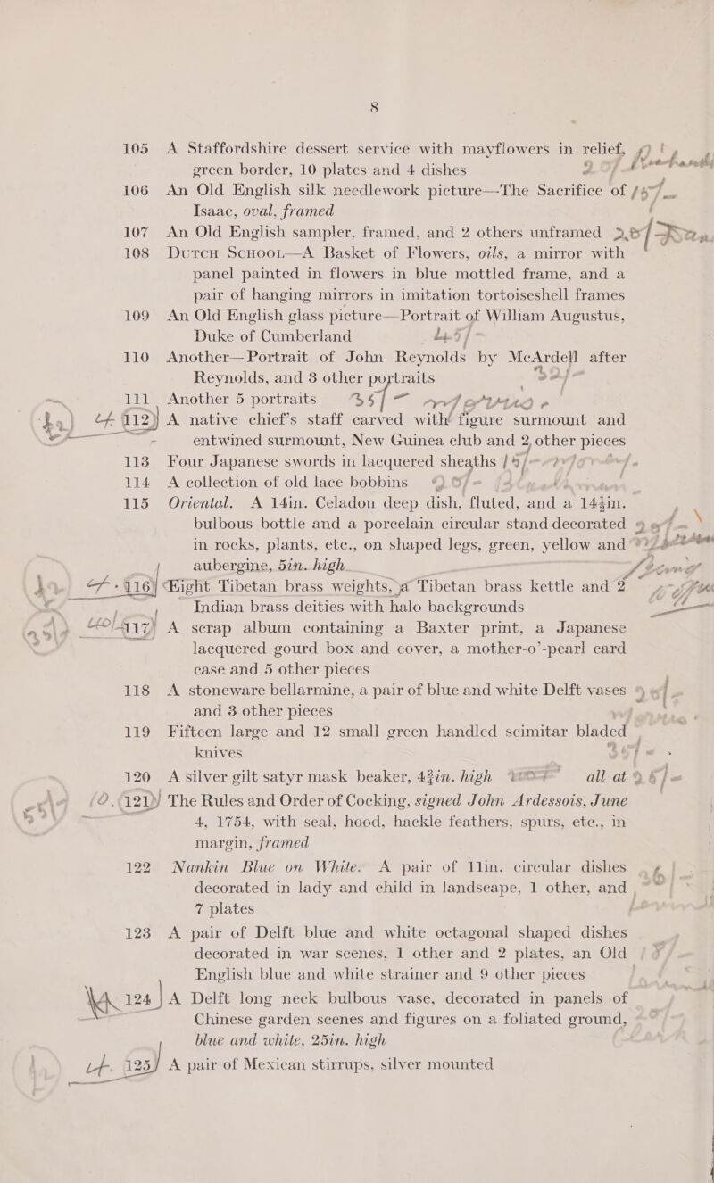 green border, 10 plates and 4 dishes Isaac, oval, framed 108 Dwutcu Scuoot—A Basket of Flowers, ozls, a mirror with panel painted in flowers in blue mottled frame, and a pair of hanging mirrors in imitation tortoiseshell frames 109 An Old English glass picture—Portrait of William Augustus, Duke of Cumberland dp. | 110 Another— Portrait of John Remote by McArdell after , Reynolds, and 3 other po bets . 2 7 111 Another 5 portraits % 6 | A OP IYHAD 113. Four Japanese swords in lacquered sheaths i ata A 114 A collection of old lace bobbins &amp;| 115 Oriental. A 14in. Celadon deep dish, fluted, Gi a 144in. aubergine, 5in. high Indian brass deities with halo backgrounds lacquered gourd box and cover, a mother-o’-pearl card ease and 5 other pieces and 3 other pieces knives 4, 1754, with seal, hood, hackle feathers, spurs, ete., in margin, framed 122 Nankin Blue on White.’ A pair of 1lin. circular dishes decorated in lady and child in landscape, 1 other, and 7 plates 123 A pair of Delft blue and white octagonal shaped dishes English blue and white strainer and 9 other pieces Chinese garden scenes and figures on a foliated ground, : woe 7 15 Cf gh.