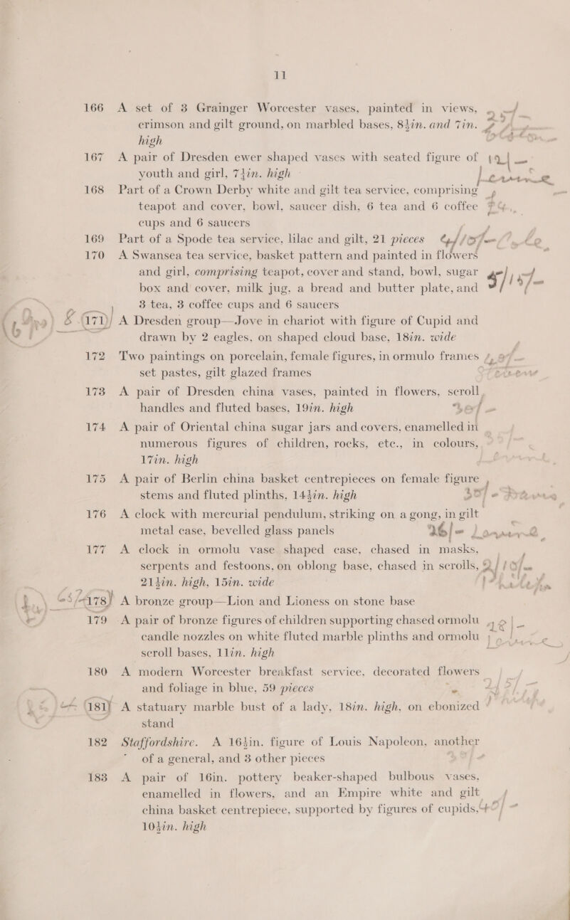 166 169 170 173 174 183 EI A set of 3 Grainger Worcester vases, painted in views, crimson and gilt ground, on marbled bases, 84in. and Tin. high youth and girl, 7iin. high Part of a Crown Bere white and gilt tea service, comprising teapot and cover, bowl, saucer dish, 6 tea and 6 coffee cups and 6 saucers Part of a Spode tea service, lilac and gilt, 21 pieces Gf /&amp;% A Swansea tea service, basket pattern and painted in flowers and girl, comprising teapot, cover and stand, bowl, sugar box and’ cover, milk jug, a bread and butter plate, and 3 tea, 3 coffee cups and 6 saucers A Dresden group—Jove in chariot with figure of Cupid and drawn by 2 eagles, on shaped cloud base, 18in. wide Two paintings on porcelain, female figures, in ormulo frames set pastes, gilt glazed frames f A pair of Oriental china sugar jars and covers, enamelled in numerous figures of children, rocks, etc., in colours, 17in. high A pair of Berlin china basket centrepieces on female figure A ats A stems and fluted plinths, 14din. high 5S) e A clock with mercurial pendulum, striking on a gong, in gilt metal case, bevelled glass panels 26/ ~ A clock in ormolu vase shaped case, chased in masks, gin. high, 15in. wide scroll bases, llin. high i and foliage in blue, 59 pieces m A statuary marble bust of a lady, 18in. high, on ebonized stand Staffordshire. A 164in. figure of Louis Napoleon, another of a general, and 3 other pieces A pair of 16in. pottery beaker-shaped bulbous vases, enamelled in flowers, and an Empire white and gilt 10sin. high