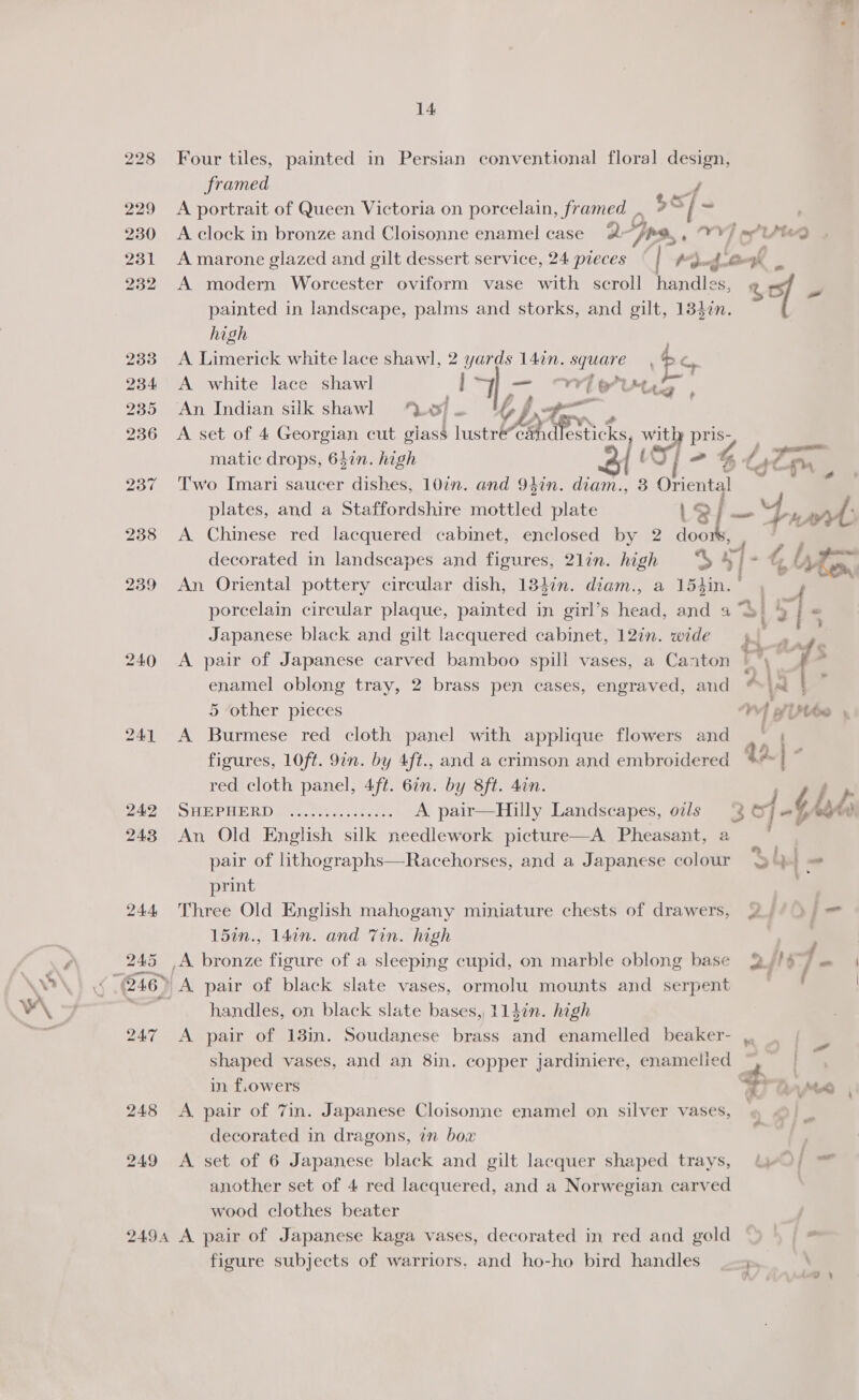 240 241 242 243 244, phd 46) 14 Four tiles, painted in Persian conventional floral ee framed a A portrait of Queen Victoria on porcelain, framed . #™ td fe A modern Worcester oviform vase with scroll handles, painted in landscape, palms and storks, and gilt, 134in. high A Limerick white lace shawl, 2 ak s 140n. oe A white lace shawl 7 = er Leu trig, An Indian suk shawl ”. o} = bf Sup matic drops, 6$in. high Two Imari saucer dishes, 10in. and 94in. ice! 3 obionta plates, and a Staffordshire mottled plate A Chinese red lacquered cabinet, enclosed by 2 aie decorated in landscapes and figures, 2lin. high “4S 5] An Oriental pottery circular dish, 1347n. diam., a 154in. porcelain circular plaque, painted in girl’s head, and a Japanese black and gilt lacquered cabinet, 127n. wide A pair of Japanese carved bamboo spill vases, a Canton enamel oblong tray, 2 brass pen cases, engraved, and 5 other pieces A Burmese red cloth panel with applique flowers and figures, 10ft. 9in. by 4ft., and a crimson and embroidered red cloth panel, 4ft. 67n. by 8ft. 4in. vs - ww ds rb An Old English silk needlework picture—A Pheasant, a pair of lithographs—Racehorses, and a Japanese colour print Three Old English mahogany miniature chests of drawers, 15in., 14in. and Tin. high _A pair of black slate vases, ormolu mounts and serpent handles, on black slate bases, 11din. high «) é f 248 249 shaped vases, and an 8in. copper jardiniere, enamelied in f.owers A pair of 7in. Japanese Cloisonne enamel on silver vases, decorated in dragons, in box A set of 6 Japanese black and gilt lacquer shaped trays, another set of 4 red lacquered, and a Norwegian carved wood clothes beater figure subjects of warriors. and ho-ho bird handles } ae me