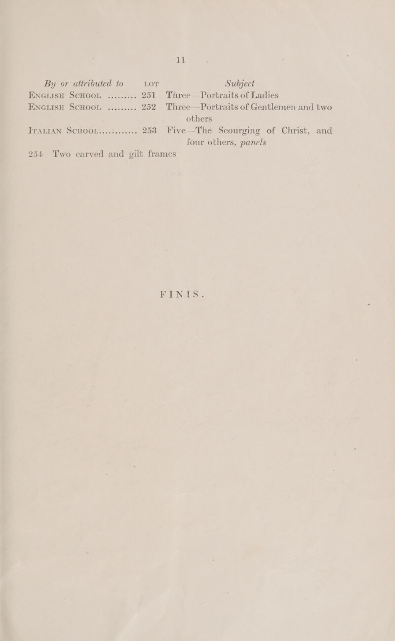 it By or attributed to LOT Subject EINGLISG SCHOOL, 00.000 251 Three—-Portraits of Ladies ENGLISH SCHOOL’ :........ 252 Three—Portraits of Gentlemen and two | others PRATEAN SCHOOM. cls ssa.st 253 Five—The Scourging of Christ, and four others, panels 254 Two carved and gilt frames FINIS.