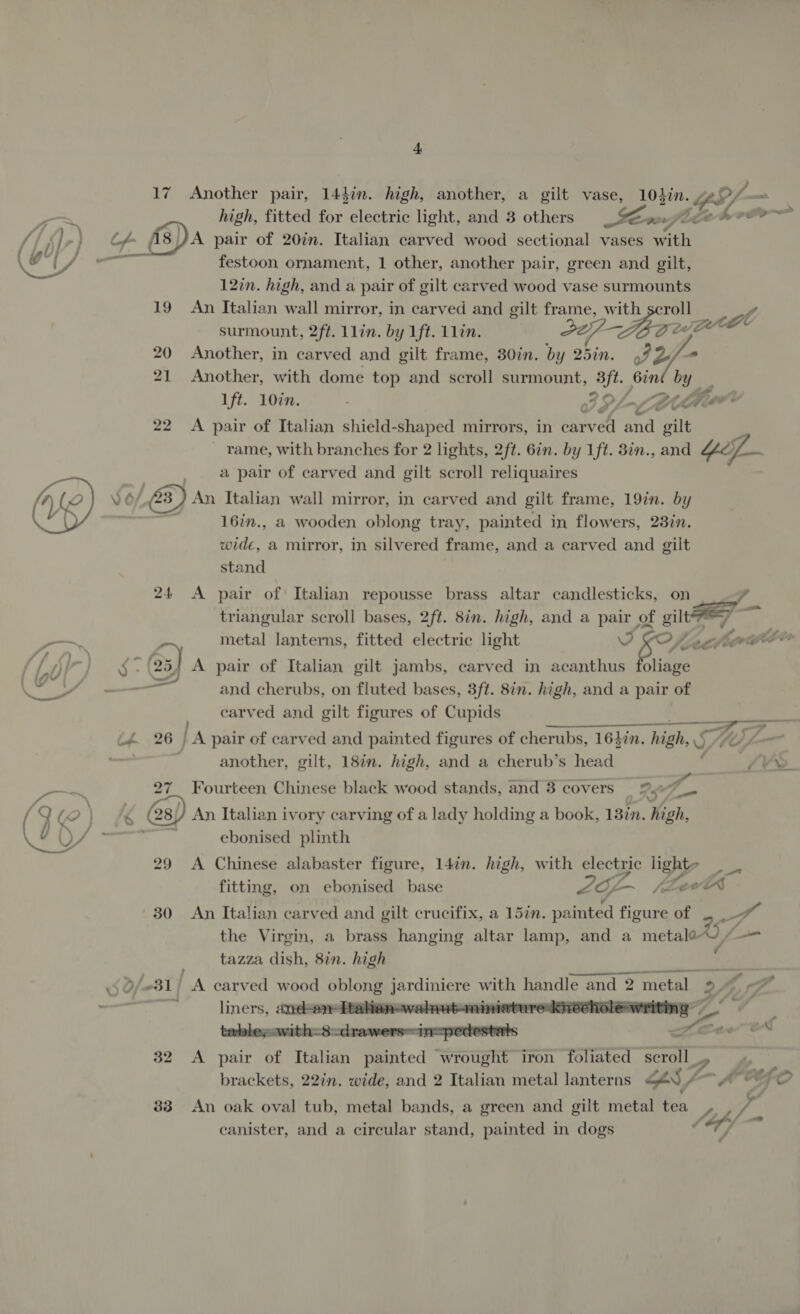 17 i /, Cf 8 | 19 i oO YN Os 24 6449 q : pee Lk 26 | —_~ 27 QhLo ( ® ae pul 24 29 30 x i, 231 | 32 83 + Another pair, 14din. high, another, a gilt vase, port o/— high, fitted for electric light, and 3 others ew Joce ws A pair of 20in. Italian carved wood sectional vases with festoon ornament, 1 other, another pair, green and gilt, 122n. high, and a pair of gilt carved wood vase surmounts An Italian wall mirror, in carved and gilt frame, Wes roll surmount, 2ft. Llin. by Ift. 1lin. De Another, in carved and gilt frame, 30in. by 25in. .72/- Another, with dome top and scroll surmount, Bit. bind by ae 1ft. 10in. 2074. Le \Liiav b &lt; oe io € y oe rs o&gt; &gt; y got A pair of Italian shield-shaped mirrors, in carved Bf gilt ; _ rame, with branches for 2 lights, 2ft. 6in. by Lft. 3in., and Yel a pair of carved and gilt scroll reliquaires 167n., a wooden oblong tray, painted in flowers, 237n. wide, a mirror, in silvered frame, and a carved and gilt stand A pair of Italian repousse brass altar candlesticks, triangular scroll bases, 2ft. 8in. high, and a pair of silt metal lanterns, fitted electric hght 7] hcelierde pair of Italian gilt jambs, carved in acanthus pita and cherubs, on fluted bases, 3ft. 87n. high, and a pair of carved and gilt figures of Cupids another, gilt, 18in. high, and a cherub’s head LV _ ‘ . A Fourteen Chinese black wood stands, and 8 covers | 97 ; awa ebonised plinth A Chinese alabaster figure, l4in. high, with electric light- fitting, on ebonised base Zi fier SP wee Za) An Italian carved and gilt crucifix, a 15in. painted figure of the Virgin, a brass hanging altar lamp, and a metale uZ tazza dish, 8in. high | A carved wood ae eens Ww ith sa and 2 metal 2 9, liners, and-enTtetan-walnut-ninieturedssecholesvritine A pair of Italian painted “wrought iron foliated scroll, | brackets, 22in. wide, and 2 Italian metal lanterns ASA AGO  An oak oval tub, metal bands, a green and gilt metal tea yo canister, and a circular stand, painted in dogs aS