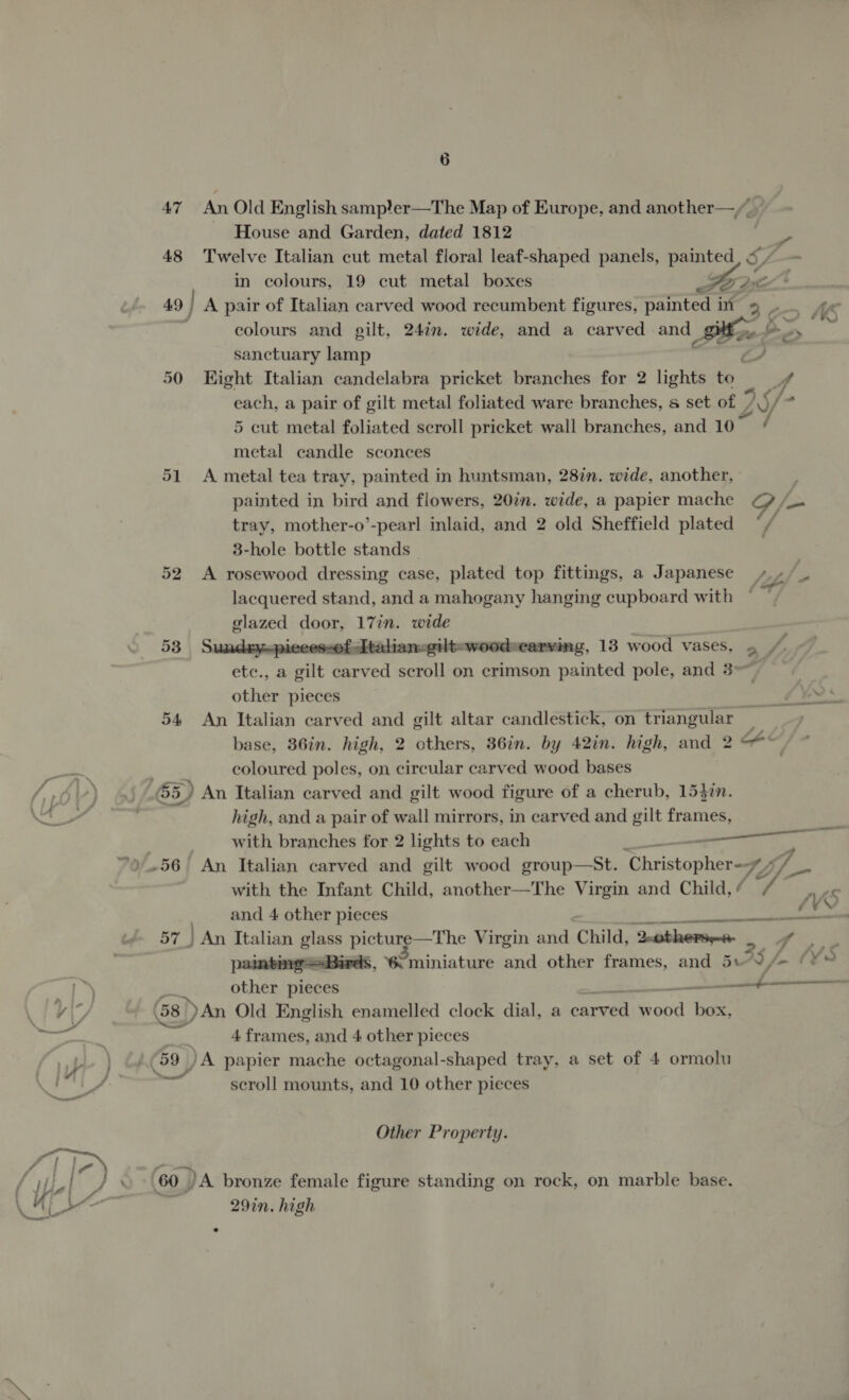 47 An Old English sampter—The Map of Europe, and another—,_. - House and Garden, dated 1812 i: 48 Twelve Italian cut metal floral leaf-shaped panels, painted, 6” — in colours, 19 cut metal boxes FE Me 49 | A pair of Italian carved wood recumbent figures, painted i it 3 co MNS colours and gilt, 24in. wide, and a carved and Bie, e- C. i: 3 sanctuary lamp x, 50 Hight Italian candelabra pricket branches for 2 lights to A each, a pair of gilt metal foliated ware branches, 6 set of 7 JS/- 5 cut metal foliated scroll pricket wall branches, and 10 / metal candle sconces 51 A metal tea tray, painted in huntsman, 28in. wide, another, painted in bird and flowers, 20in. wide, a papier mache 23S 4 tray, mother-o’-pearl inlaid, and 2 old Sheffield plated ‘/ 3-hole bottle stands | 52 A rosewood dressing case, plated top fittings, a Japanese +.» fis lacquered stand, and a mahogany hanging cupboard with © glazed door, 17in. wide 53 Sundzyepiecessofaltaliansgiltowoodecarving, 13 wood vases, 4 / etc., a gilt carved scroll on crimson painted pole, and 3-—~ other pieces Be A eR 54 An Italian carved and gilt altar candlestick, on triangular _ é base, 36in. high, 2 others, 36in. by 42in. high, and 2 ae coloured poles, on circular carved wood bases high, and a pair of wall mirrors, in carved and gilt frames, with branches for 2 lights to each pen RIE with the Infant Child, another—The Virgin and Child, ¢ and 4 other pieces eer we ] An Italian glass picture—The Virgin and Child, Rotherene _ F painting =Birds, 60 miniature and other frames, and 5. 3S / i t¥S other pieces 58 An Old English enamelled clock dial, a careea oud? per 4 frames, and 4 other pieces —— scroll mounts, and 10 other pieces Other Property. 29in. high