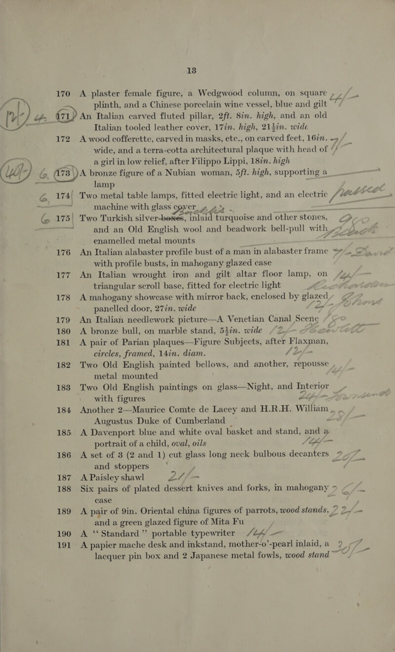  170 (71) 172 174) 177 178 179 180 181 182 183 184 185 186 187 188 189 190 191 13 An Italian carved fluted pillar, 2ft. 8¢n. high, and. an old Italian tooled leather cover, 17in. high, 21}in. wide wide, and a terra-cotta architectural plaque with head of ‘/ a girl in low relief, after Filippo Lippi, 18in. high lamp Two metal table lamps, fitted electric light, and an electric {4 machine with glass ¢ DNL Bae - Two Turkish silver-boxes, eaten turquoise and other stones, and an Old English wool and beadwork bell-pull w pee a enamelled metal mounts = with profile busts, in mahogany glazed case An Italian wrought iron and gilt altar floor lamp, on triangular scroll base, fitted for electric light A mahogany showcase with mirror back, enclosed by glazed, panelled door, 27in. wide eo An Italian needlework picture—A. Venetian Canal Scene A bronze bull, on marble stand, 54in. wide A pair of Parian plaques—Figure Subjects, after Flaxjan, circles, framed, 14in. diam. Two Old English painted bellows, and Dees repousse metal mounted Two Old English paintings on glass—Night, and a as with figures oY Another 2—Maurice Comte de Lacey and H.R.H. William. Augustus Duke of Cumberland A Davenport blue and white oval basket and stand, and a portrait of a child, oval, oils AS and stoppers : A Paisley shawl Zl f/=— Case and a green glazed figure of Mita Fu A ‘Standard ”’ portable typewriter /24/ A papier mache desk and inkstand, mother-o ’-pearl inlaid, a lacquer pin box and 2 Japanese metal fowls, wood stand ~