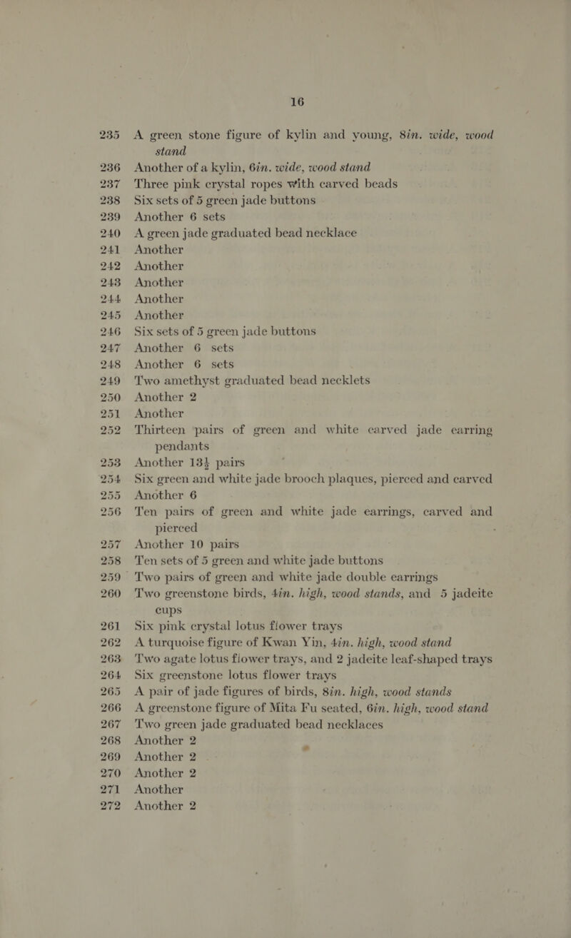 A green stone figure of kylin and young, 8in. wide, wood stand Another of a kylin, 6in. wide, wood stand Three pink crystal ropes with carved beads Six sets of 5 green jade buttons Another 6 sets A green jade graduated bead necklace Another Another Another Another Another Six sets of 5 green jade buttons Another 6 sets Another 6 sets Two amethyst graduated bead necklets Another 2 Another Thirteen ‘pairs of green and white carved jade earring pendants Another 134 pairs Six green and white jade brooch plaques, pierced and carved Another 6 Ten pairs of green and white jade earrings, carved and pierced Another 10 pairs Ten sets of 5 green and white jade buttons Two greenstone birds, 4¢n. high, wood stands, and 5 jadeite cups Six pink crystal lotus flower trays A turquoise figure of Kwan Yin, 4in. high, wood stand Two agate lotus flower trays, and 2 jadeite leaf-shaped trays Six greenstone lotus flower trays A pair of jade figures of birds, 8in. high, wood stands A greenstone figure of Mita Fu seated, 6in. high, wood stand Two green jade graduated bead necklaces Another 2 Another 2 Another 2 Another Another 2 e