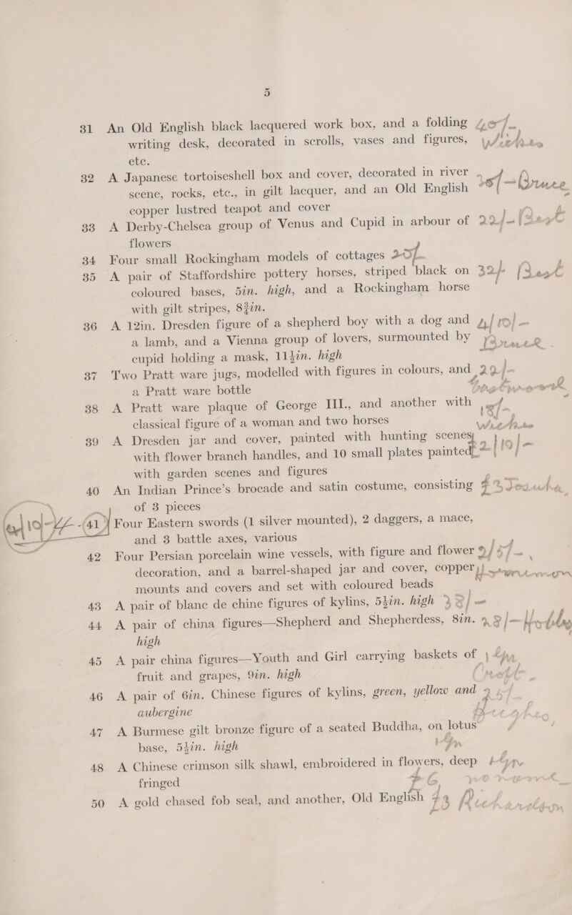 31 An Old £nglish black lacquered work box, and a folding 4o-7_. writing desk, decorated in scrolls, vases and figures, ;,/))/ etc. man 32 A Japanese tortoiseshell box and cover, decorated in river , A scene, rocks, etc., in gilt lacquer, and an Old English 36/7 —rure copper lustred teapot and cover va pe 33 A Derby-Chelsea group of Venus and Cupid in arbour of 22/—1 Seo flowers 34 Four small Rockingham models of cottages 201. 35 A pair of Staffordshire pottery horses, striped black on 32 }- (3 oF coloured bases, 5in. high, and a Rockingham horse , with gilt stripes, 837n. 36 A 12in. Dresden figure of a shepherd boy with a dog and ,,/ yo} — a lamb, and a Vienna group of lovers, surmounted by ve cupid holding a mask, 113¢n. high arts F 37 Two Pratt ware jugs, modelled with figures in colours, and 29 j. a Pratt ware bottle Gow bw ee 38 <A Pratt ware plaque of George III, and another with A classical figure of a woman and two horses ; 39 A Dresden jar and cover, painted with hunting Pia a baad with flower branch handles, and 10 small plates painted | a aa with garden scenes and figures 40 An Indian Prince’s brocade and satin costume, consisting i % Joaurt et of 3 pieces i 41) Four Eastern swords (1 silver mounted), 2 daggers, a mace, and 8 battle axes, various Four Persian porcelain wine vessels, with figure and flower 9/ sf a decoration, and a barrel-shaped jar and cover, copper y sina atte mounts and covers and set with coloured beads 3 43 A. pair of blanc de chine figures of kylins, 5}in. high 33] = 44 <A pair of china figures—Shepherd and Shepherdess, Sin. r—§ |— bes bbe a  high | / 45 A pair china figures—Youth and Girl carrying baskets of 1 fruit and grapes, 9in. high (ne wt 46 A pair of 6in. Chinese figures of kylins, green, yellow and 9 »-/ aubergine . yj Se 47 A Burmese gilt bronze figure of a seated Buddha, on lotus base, 54in. high Fn 48 A Chinese crimson silk shawl, embroidered in flowers, deep / é, f- fringed a , PE: ci - 50 A gold chased fob seal, and another, Old English 44 ys f Cy &amp; e a ° °
