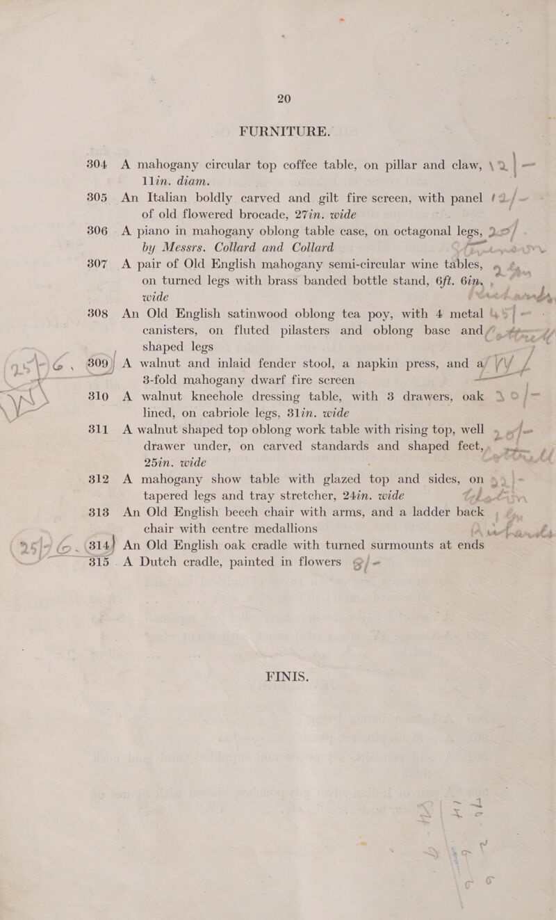 FURNITURE. 304 A mahogany circular top coffee table, on pillar and claw,  xa llin. diam. 305 An Italian boldly carved and gilt fire screen, with panel (&lt;@ of old flowered brocade, 27in. wide 306 . A piano in mahogany oblong table case, on Staite lege. yr ] by Messrs. Collard and Collard ipa 307 A pair of Old English mahogany semi-circular wine tables, ¢ on turned legs with brass banded bottle stand, 6ft. 67n. a wide ae dy, 308 An Old English satinwood oblong tea poy, with 4 a | adh canisters, on fluted pilasters and oblong base and Sey shaped. legs 309) A walnut and inlaid fender stool, a napkin press, and a/ ig6 3-fold mahogany dwarf fire screen he 310 A walnut kneehole dressing table, with 8 drawers, oak \ © j= lined, on cabriole legs, 3lin. wide 3 311 A walnut shaped top oblong work table with rising top, well ~ ./. drawer under, on carved standards and shaped feet, . aww 251n. wide 312 A mahogany show table with glazed fie and_ sides, on _ 3 | tapered legs and tray stretcher, 24in. wide that 318 An Old English beech chair with arms, and a ladder bake : chair with centre medallions Pe Lae a wa ae ee Ga 314) An Old English oak cradle with turned surmounts at ene ~815 . A Dutch cradle, painted in flowers Gj- FINIS.