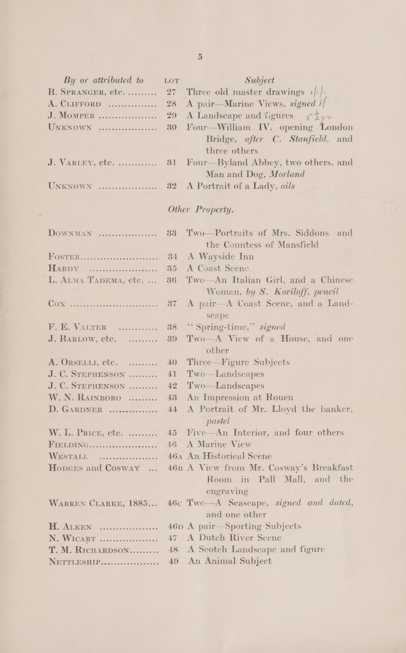 UNKNOWN JV ARLEY; UNKNOWN DowNMAN Harpy F. E. VALTER J. Bartow, ete. A. ORSELLI, ete. W. N. RarInBporo D. GARDNER WESTALL Honcks and Cosway H. ALKEN 32 Three old master drawings »/-)- A pair—Marine Views. signed 7/- A Landscape and figures rus = Four—William IV. opening ‘London Bridge, after C. Stanfield, and three others Four——Byland Abbey, two others, and Man and Dog, Morland A Portrait of a Lady, owls Two—Portraits of Mrs. Siddons and the Countess of Mansfield A Wayside Inn A Coast Scene Two—An Italian Girl, and a Chinese Woman, by S. Koriloff, pencil A pair—A Coast Scene, and a Land- scape ‘* Spring-time,” signed Two—A View of a House, and one other Three—Figure Subjects Two-—Landscapes Two—Landscapes An Impression at Rouen A Portrait of Mr. Lloyd the banker, pastel Five—An Interior, and four others A Marine View , An Historical Scene A View from Mr. Cosway’s Breakfast Room in Pall Mall, and the engraving Two—A Seascape, signed and dated, and one other A pair—Sporting Subjects A Dutch River Scene A Scotch Landscape and figure An Animal Subject