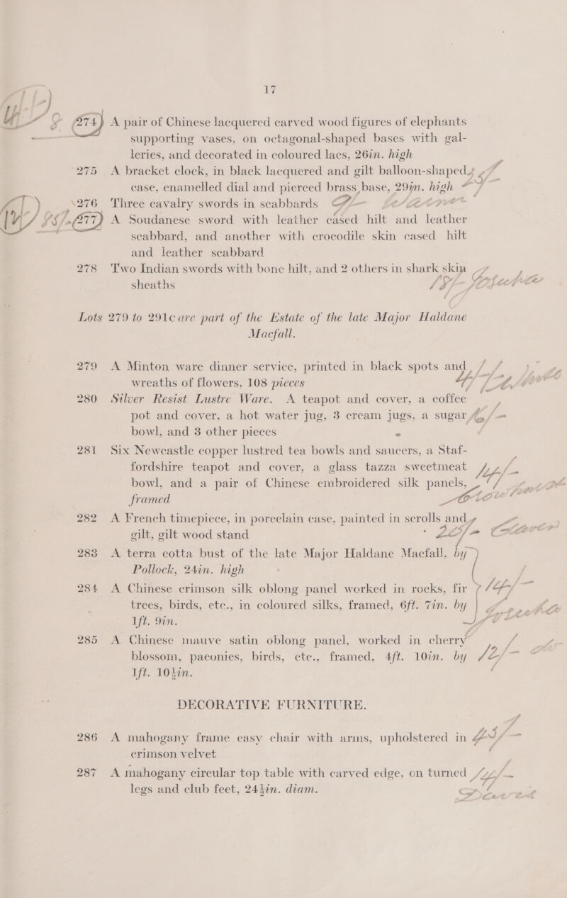 A pair of Chinese lacquered carved wood figures of elephants supporting vases, on octagonal-shaped bases with gal- leries, and decorated in coloured lacs, 26in. high A bracket clock, in black lacquered and gilt balloon-shaped. case, enamelled dial and pierced brass, base, 29%. high &lt;2 Three cavalry swords in scabbards PL e“Lecne A Soudanese sword with leather cased hilt ali leather seabbard, and another with crocodile skin cased hilt and leather scabbard Two Indian swords with bone hilt, and 2 others in shark skin _7 sheaths ry 279 to 291care part of the Estate of the late Major Haldane Macfall. A Minton ware dinner service, printed in black spots and, wreaths of flowers, 108 pieces / Silver Resist Lustre Ware. A teapot and cover, a coffee pot and cover, a hot water jug, 3 cream jugs, a sugar 4, bowl, and 3 other pieces « | Six Newcastle copper lustred tea bowls and saucers, a Staf- fordshire teapot and cover, a glass tazza sweetmeat /if- bowl, and a pair of Chinese embroidered silk panels, framed Ove  A French timepiece, in porcelain case, painted in scrolls and_y gilt, gilt wood stand A terra cotta bust of the late Major Haldane Macfall, im ) Pollock, 24in. high trees, birds, ete., in coloured silks, framed, 6ft. Tin. by ? Lift. Sen. ae A Chinese mauve satin oblong panel, worked in cherry blossom, paeonies, birds, etc., framed, 4ft. 10im. by Pi L 1ft. 1040n. DECORATIVE FURNITURE. ff erimson velvet A mahogany circular top table with carved edge, on turned /“y legs and club feet, 24d¢n. diam. 8 ae