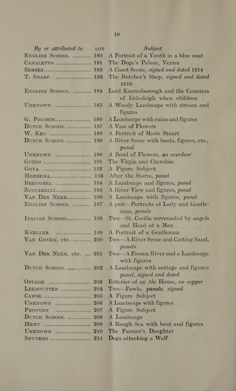 LOT 180 By or attributed to ENGLISH SCHOOL eeeeseree CANADETTO 4. hats oe beans 181 SERBREG i046. soba cece ee cae 182 ABP WRG tire ss 183 ENGLISH SCHOOL ......... 184 TINFING Wi) gece oe ines. 185 G&gt; Povesins sched. eeawe, 186 Durcw, ScHOOW esses, sd ee 187 BV aan SE Chee att eR i, A 188 Durem ScHooL shanti s 189 UINRAIN OWN fe5c5 osc sueo odes ns 190 CORIO sence, toc: + tat eee 191 (SOWA i teens cua. CERES 192 BERS ck coh eee o&gt; 2 193 BREUGHEL. «;. cde esta 194 BUCCAREDLLI: | csntele tes es ss 195 Van Der NEERi«:;..-.0-.- 196 ENGLISH SCHOOL ......... 197 ITALIAN SCHOOL....&lt;......: 198 KRUG eres beds «0: 199 VAN GOYEN, etc. ......... 200 Van DER NEER, ete. ... 201 DUTCH SCHOOL. s Gav. setae 202 OG ay Re ee fee ce 208 LEEMPUTTEN .....cccccesses 204 CASV AR is Mies ccucan aera 205 TINKIMOWN. Aveess doowtiyoneaa 206 PROOVEN bl ccvsvana Meee 207 DUTCH SCHOOL 0k 208 PVE ccc, van tvience ee eee 209 TINENO WW assesses asthe 210 SAVORS ssa. padidcpeeronees 211 10 Subject A. Portrait of a Youth in a blue coat The Doge’s Palace, Venice A Coast Scene, signed and dated 1814 The Butcher’s Shop, signed and dated 1810 Lord Knaresborough and the Countess of Iddesleigh when children A Woody Landscape with stream and figures A Landscape with ruins and figures A. Vase of Flowers A Portrait of Marie Stuart A River Scene with boats, figures, ete., panel A Bowl of Flowers, an overdoor The Virgin and Cherubin A Figure Subject After the Storm, panel A. Landscape and figures, panel A River View and figures, panel A Landscape with figures, panel A. pair—Portraits of Lady and Gentle- man, panels Two—st. Cecilia surrounded by angels and Head ot a Man A Portrait of a Gentleman Two—A River Scene and Carting Sand, panels Two—A Frozen River and a Landscape with figures A Landscape with cottage and figures panel, signed and dated Exterior of an Ale House, on copper Two—Fowls, panels, signed A Figure Subject A Landscape with figures A. Figure Subject A Landscape A. Rough Sea with boat and figures The Farmer’s Daughter Dogs attacking a Wolf