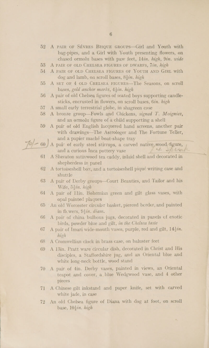  52 53 54 59 57 58 59 —_— pr ae Sa 61 62 63 64 65 66 67 68 69 70 71 72 A PAIR OF SEVRES BISQUE GROUPS—Girl and Youth with bag-pipes, and a Girl with Youth presenting flowers, on chased ormolu bases with paw feet, 147m. high, 9in. wide A PAIR OF OLD CHELSEA FIGURES OF DWARFS, 7in. high A PAIR OF OLD CHELSEA FIGURES OF YOUTH AND GIRL with dog and lamb, on scroll bases, 8471. high A sET OF 4 OLD CHELSEA FIGURES—The Seasons, on scroll bases, gold anchor marks, 44in. high A pair of old Chelsea figures of seated boys supporting candle- A small early terrestrial globe, in shagreen case A bronze group—Fowls and Chickens, signed T. Moigmez, and an ormolu figure of a child supporting a shell A pair of old English lacquered hand screens, ancther pair with drawings—The Astrologer and The Fortune Teller, and a papier maché boat-shape tray and a curious Inca pottery vase th wh teu A Sheraton satinwood tea caddy, inlaid shell and decorated in shepherdess in panel | A tortoiseshell box, and a tortoiseshell piqué writing case and shuttle A pair of me a ee Beauties, and Deiter and his Wife, 547”. high - A pair of 1lin. Bohemian green and gilt glass vases, with opal painted plaques in flcwers, 947n. diam. A pair of china bulbous jugs, decorated in ner oL.exotic ' birds, powder blue and gilt, 7m the Chelsea taste A pair of Imari wide-mouth vases, purple, red and gilt, 1432. high A Cromwellian clock in brass case, on baluster feet A 13in. Pratt ware circular dish, decorated in Christ and His disciples, a Staffordshire jug, and an Oriental blue and white long-neck bottle, wood stand teapot and cover, a blue Wedgwood vase, and 4 other pieces | | | : } A Chinese gilt inkstand and paper knife, set with carved white jade, in case . An old Chelsea figure of Diana with dog at foot, on scroll base, 10$7n. high