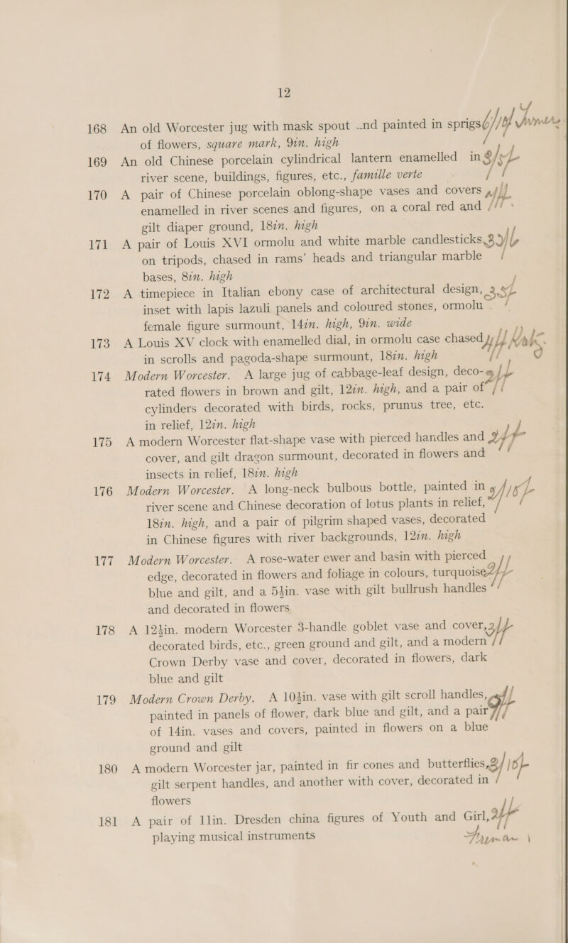 168 An old Worcester jug with mask spout —nd painted in spiege io Suen of flowers, square mark, 91m. high 169 An old Chinese porcelain cylindrical lantern enamelled in o/h river scene, buildings, figures, etc., famille verte /f 170 A pair of Chinese porcelain oblong-shape vases and covers aif. enamelled in river scenes and figures, on a coral red and [ft gilt diaper ground, 187. high 171 A pair of Louis XVI ormolu and white marble candlesticks,3.9/{, on tripods, chased in rams’ heads and triangular marble ( bases, 87”. high 172 A timepiece in Italian ebony case of architectural design, 3 st inset with lapis lazuli panels and coloured stones, ormolu. / female figure surmount, 14in. high, 9in. wide . 173. A Louis XV clock with enamelled dial, in ormolu case chased yy }} Mp ig in scrolls and pagoda-shape surmount, 180i. high /T ie a 174. Modern Worcester. &lt;A large jug of cabbage-leaf design, deco- Dy 72 rated flowers in brown and gilt, 12in. high, and a pair of jf cylinders decorated with birds, rocks, prunus tree, etc. in relief, 12¢n. high 175 A modern Worcester flat-shape vase with pierced handles and a ¢ cover, and gilt dragon surmount, decorated in flowers aud =‘ . insects in relief, 187”. high 176 Modern Worcester. A long-neck bulbous bottle, painted in y / cL river scene and Chinese decoration of lotus plants in relief, / 18in. high, and a pair of pilgrim shaped vases, decorated in Chinese figures with river backgrounds, 12in. high edge, decorated in flowers and foliage in colours, turquoise- blue and gilt, and a 54in. vase with gilt bullrush handles and decorated in flowers 178 A 12hin. modern Worcester 3-handle goblet vase and coven gh decorated birds, etc., green ground and gilt, and a modern Crown Derby vase and cover, decorated in flowers, dark blue and gilt 179 Modern Crown Derby. A 104in. vase with gilt scroll handles, g  painted in panels of flower, dark blue and gilt, and a pair /// of 14in. vases and covers, painted in flowers on a blue ground and gilt 180 A modern Worcester jar, painted in fir cones and butterfies Bf } of gilt serpent handles, and another with cover, decorated in 177 Modern Worcester. A rose-water ewer and basin with pierced ff flowers L 181 A pair of llin. Dresden china figures of Youth and cit, 2 playing musical instruments boot Fayre An | 