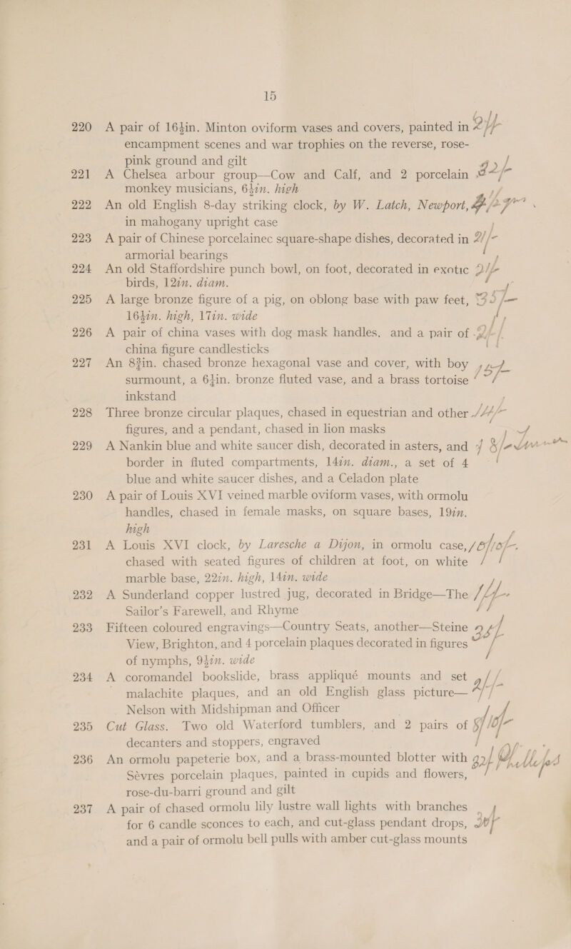 220 221 222 223 224 225 226 227 228 229 230 231 232 233 234 235 236 237 15 A pair of 164in. Minton oviform vases and covers, painted in 2Y- encampment scenes and war trophies on the reverse, rose- pink ground and gilt g 2 / A Chelsea arbour group—Cow and Calf, and 2 porcelain es monkey musicians, 64in. high in mahogany upright case A pair of Chinese porcelainec square-shape dishes, decorated in 9) ie armorial bearings ( An old Staffordshire punch bowl, on foot, decorated in exotic 2 Ip L birds, 122n. diam. ay A large bronze figure of a pig, on oblong base with paw feet, {99 /— 164in. high, 1 Tin. wide ie A pair of china vases with dog mask handles, and a pair of -)/-/ china figure candlesticks oe An 83in. chased bronze hexagonal vase and cover, with boy i a surmount, a 61in. bronze fluted vase, and a brass tortoise ‘ ~/ inkstand Three bronze circular plaques, chased in equestrian and other Ah fr figures, and a pendant, chased in lion masks pow border in fluted compartments, 14in. diam., a set of 4 — ! blue and white saucer dishes, and a Celadon Biate A pair of Louis XVI veined marble oviform vases, with ormolu handles, chased in female masks, on square bases, 197m. high A Louis XVI clock, by Laresche a Diyon, in ormolu case Joho ot chased with seated figures of children at foot, on white / / marble base, 227. high, 14in. wide yl A Sunderland copper lustred jug, decorated in Bridge—The Vii “ Sailor’s Farewell, and Rhyme Fifteen coloured engravings—Country Seats, another—Steine 9 ¢/ View, Brighton, and 4 porcelain plaques decorated in figures“ / of nymphs, 947. wide / A coromandel bookslide, brass appliqué mounts and set g -- ' malachite plaques, and an old English glass picture— ” Nelson with Midshipman and Officer Cut Glass. Two old Waterford tumblers, and 2 pairs of J fe decanters and stoppers, engraved An ormolu papeterie box, and a brass- mounted blotter with 22 of Sévres porcelain plaques, painted in cupids and flowers, rose-du-barri ground and gilt A pair of chased ormolu lily lustre wall lights with branches . and a pair of ormolu bell pulls with amber cut-glass mounts =~... = See
