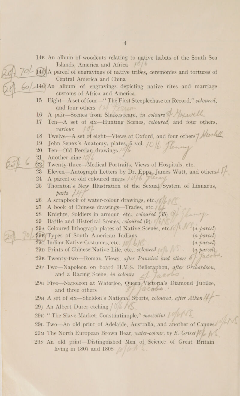 t 14e An album of woodcuts relating to native habits of the South Sea Islands, America and Africa /0/ L4p)A parcel of engravings of native tribes, ceremonies and tortures of Central America and China customs of Africa and America 15 Eight—A set of four—‘‘ The First Steeplechase on Record,”’ coloured, and four others ff 16 A pair—Scenes from bids eee in colours $¢°/ /ALAte*, i Ten——A set of six—Hunting Scenes, i ee a four others, various JO} ee 18 Twelve—A set of eight—Views at Sets and four others ] fa well 19 John Senex’s Anatomy, plates 5/8 vol. /O}/ f “epg 20 Ten—Old Persian drawings /“/6 a f 21 Another nine //7/4 ‘ , @2) Twenty-three—Medical Portraits, Views of Hospitals, etc. 23 Eleven—Autograph Letters by Dr. FPP, SNe: Watt, and othersé i} 24 A parcel of old coloured maps /“”/¢ 25 Thornton’s New Illustration of the Sexual System of Linnaeus, parts /ALP 26 A scrapbook of water-colour drawings, etc./// 27 A book of Chinese drawings—Trades, etc. / ip 28 Knights, Soldiers in armour, etc., coloured (35) | ] 29 Battle and Historical Scenes, coloured (9))'/ 4 ( , 29a Coloured lithograph plates of Native Scenes, etc.’ /* (a parcel) IL, Ess) Types of South American Indians (a parcel) ~~ 29 Indian Native Costumes, etc. sp? 6 (a parcel) 29D Prints of Chinese Native Lite, atc: coloured (a parcel) 29E Twenty-two—Roman Views, after Pannini and. others $/ fa 29F Two—Napoleon on board H.ML.S. eae wae oe Orchardson, and a Racing Scene, 7” colours 29G Five—Napoleon at Waterloo, Queen Victoria’ s Diamond Jubilee, and three others ; [OE Gt 29H A set of six—Sheldon’s Nate Sports, coloured, after Alken, Up 29} An Albert Durer etching / ie INS. 29K “‘ The Slave Market, Constantinople,” mezzotint | 29. Two—An old print of Adelaide, Australia, and another of Cannes: 29m The North European Brown Bear, water-colour, by E. Griset fo f\ ( 29n An old print—Distinguished Men of. Science of Great Britain living in 1807 and 1808