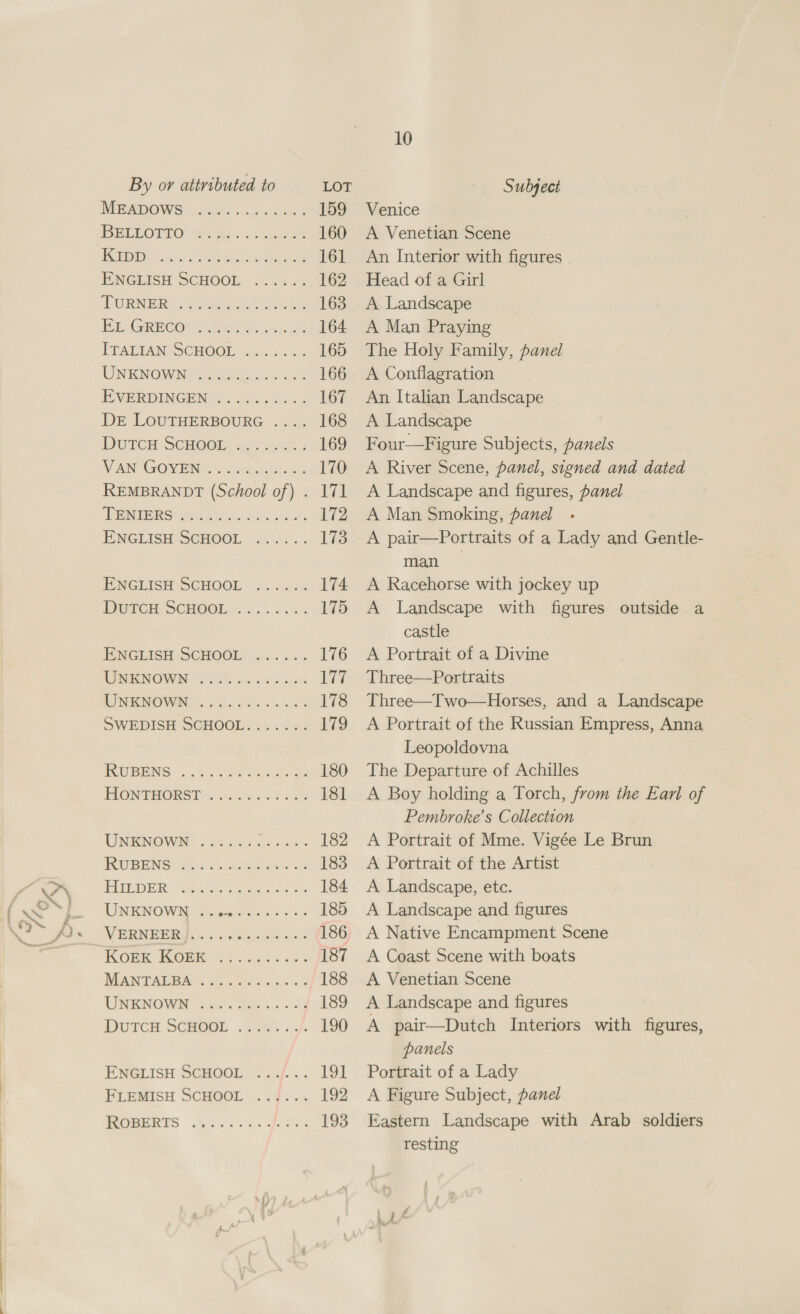 By or attributed to MEADOWS BELLOTTO Kipp UNKNOWN © ©) WP ier (e418 0; © #8) “6 &lt; ee ec ee © © © © © Dr LOUTHERBOURG ...2:3 DutTcH SCHOOL VAN GOYEN oe 8 © © e &amp; TENIERS e: te! 10 PO. Le: eos0, @ fe) la'-0. 0) 50! @ eo 8 © © © © ENGLISH SCHOOL DuTCH SCHOOL @ 0) © 6 © ie coe ee © wo ew ENGLISH SCHOOL UNKNOWN UNKNOWN SWEDISH SCHOOL....... 6 © @¢ © © 8 . 6 @ ee we © © © 8 6 eee eee es © © © © © oe eee © © © © Oe ew © 6 e:.6 @ © (¢ « € te. oeeeeere ee eee RUBENS HILDER UNENOWA tperenetd ws VERNEER Korek KoEk MANTALBA UNKNOWN DUTCH SCHOOL S (@.e 6, ie: ‘we 0) 00.4; te) 0! (0) 6: oor reeves ee ee ee ee ee? ¢ Oe 6) 8 8 6 6.0 6 © @ se 8 Dee eee ses va eo 'e s © » fe ENGLISH SCHOOL FLEMISH SCHOOL ROBERTS ee eee eeueunse8e 6 © ofe 6 © «@ LOT 170 iit 10 Subject Venice A Venetian Scene An Interior with figures Head of a Girl A Landscape A Man Praying The Holy Family, panel A Conflagration An Italian Landscape A Landscape Four—Figure Subjects, panels A River Scene, panel, signed and dated A Landscape and figures, panel A Man Smoking, panel man A Racehorse with jockey up A Landscape with figures outside a castle A Portrait of a Divine Three—Portraits Three—Two—Horses, and a Landscape A Portrait of the Russian Empress, Anna Leopoldovna The Departure of Achilles A Boy holding a Torch, from the Earl of Pembroke’s Collection A Portrait of Mme. Vigée Le Brun A Portrait of the Artist A Landscape, etc. A Landscape and figures A Native Encampment Scene A Coast Scene with boats A Venetian Scene A Landscape and figures A pair—Dutch Interiors with figures, panels Portrait of a Lady A Figure Subject, panel Eastern Landscape with Arab soldiers resting