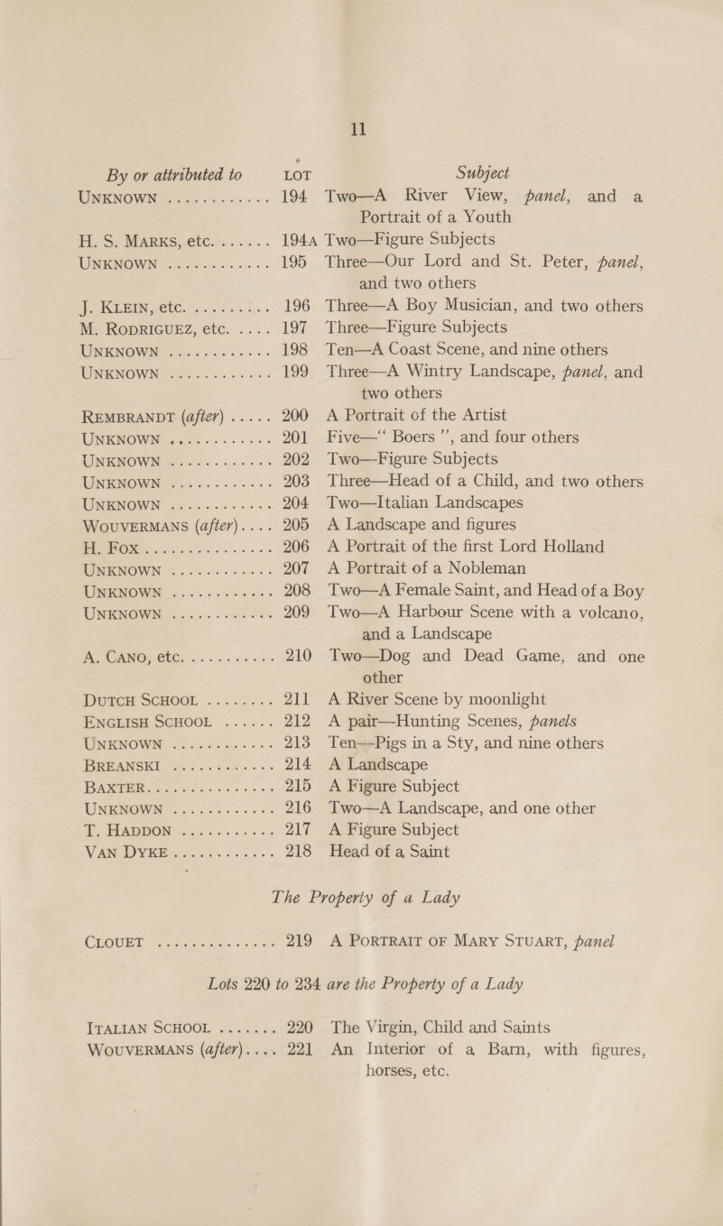 1]  By or attributed to LOT Subject WINKNOWMs cap a bakes os 194 Two—A River View, panel, and a Portrait of a Youth Hy Sy MARKSwetew asc... 1944 Two—Figure Subjects UO RRNOWIN .AkGak- 54.’ 195 Three—Our Lord and St. Peter, panel, and two others Be DEIN BetCs sleigh. x 196 Three—A Boy Musician, and two others M. RopRIGUEZ, etc. .... 197 Three—Figure Subjects UMENOWINeeee. ss eas. 198 Ten—A Coast Scene, and nine others WINRNOWN trees ase. ss 199 Three—A Wintry Landscape, panel, and two others REMBRANDT (after) ..... 200 A Portrait of the Artist WINMIGNOVWiNeractcs sc i ee 901 Five—“ Boers ’’, and four others RINIONOWIN Peace = cles 202 Two—Figure Subjects DINRNGOWN =o... oss 203 Three—Head of a Child, and two others WORENOWN . hoe ade 204 Two—Italian Landscapes WouvERMANS (after).... 205 A Landscape and figures 3 PO eit al wr. eos wo 206 A Portrait of the first Lord Holland TENOWN © ....6.. 005. 207 A Portrait of a Nobleman URMGNONGN 6s ss sb ess 208 Two—A Female Saint, and Head of a Boy UNENG@ Wales an. nee, 209 Two—A Harbour Scene with a volcano, and a Landscape DOING HElC. 2... ots 210 Two—Dog and Dead Game, and one other DOUGH SCHOCL .....4.. 211 A River Scene by moonlight ENGEIGM SCHOOL &lt;...... 212 A pair—Hunting Scenes, panels UNERINOW Ne Os ako, 208 213 Ten--Pigs in a Sty, and nine others PRB ONSKL Fo nit.. otiee +. «&gt; 214 A Landscape Aree tem ceri. eas 215 A Figure Subject WinGate ee 216 Two—A Landscape, and one other TD, SRABDON Woe 5 5 ose es 217 A Figure Subject W AMV aaa oc 652. . 218 Head of a Saint The Properiy of a Lady COURT “sas. een, ote 219 A PORTRAIT OF MARY STUART, panel Lots 220 to 234 are the Property of a Lady ITALIAN SCHOOL 220 The Virgin, Child and Saints WouVERMANS (after).... 221 An Interior of a Barn, with figures, horses, etc. coer ee ee