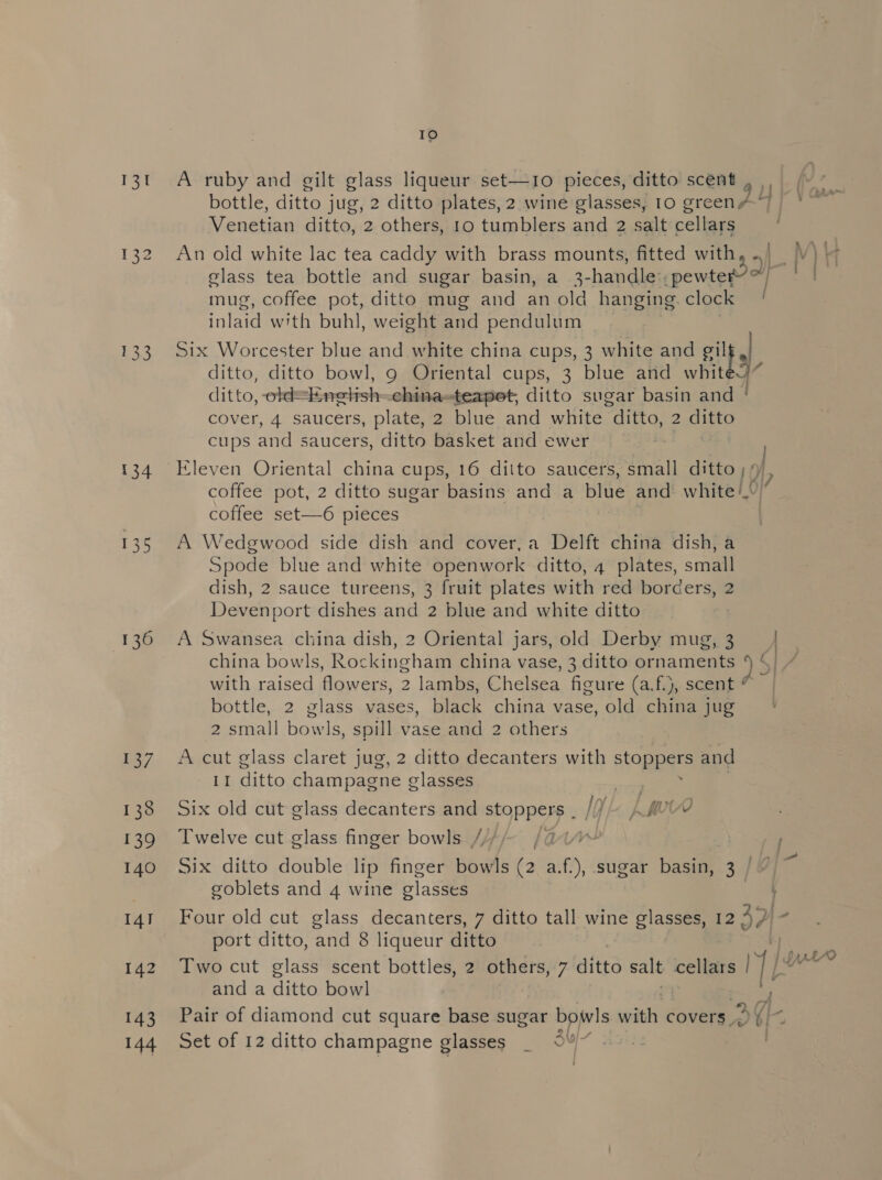 134 135 137 138 139 140 141 143 144 10 A ruby and gilt glass liqueur set—1o pieces, ditto scent ba: bottle, ditto j jug, 2 ditto plates, 2 wine glasses, 10 oreenA 4} fips Venetian ditto, 2 others, 10 tumblers and 2 salt relaga An old white lac tea caddy with brass mounts, fitted with is glass tea bottle and sugar basin, a 3-handle:. ;pewter o> «| mug, coffee pot, ditto mug and an old hanging clock inlaid with buh, weight and pendulum | Six Worcester blue and white china cups, 3 white and Bilt ditto, ditto bowl, 9 Oriental cups, 3 blue and whit W ditto, -old: Enelish ehina-teapet, ditto sugar basin and ' cover, 4 saucers, plate, 2 blue and white “ditto, 2 SN, cups and : saucers, ditto basket and ewer 7 Eleven Oriental china cups, 16 ditto saucers, small ditto ;/ y) coffee pot, 2 ditto sugar basins and a blue and white. O} coffee set—6 pieces | A Wedgwood side dish and cover, a Delft china dish, a Spode blue and white openwork ditto, 4 plates, small dish, 2 sauce tureens, 3 fruit plates with red borders, 2 Devenport dishes and 2 blue and white ditto A Swansea china dish, 2 Oriental jars, old Derby mug,3 | | china bowls, Rockingham china vase, 3 ditto ornaments 9 4) / with raised flowers, 2 lambs, Chelsea figure (a.f.j, scent @— bottle, 2 glass vases, black china vase, old china jug 2 small bowls, spill vase and 2 others A cut glass claret jug, 2 ditto decanters with stoppers and LI ditto Pe eh classes ie Six old cut glass decanters and stoppers | If KRY Twelve cut glass finger bowls. //, (au | Six ditto double lip finger bowls (2 af sugar base 3 ts goblets and 4 wine classes ; Four old cut glass decanters, 7 ditto tall wine glasses 12 Z9\- port ditto, and 8 liqueur ditto Se Two cut glass scent bottles, 2 others, 7 ditto salt cellars 1] )% and a ditto bowl RS Pair of diamond cut square base sugar bowls vil covers. a » Gh - Set of 12 ditto champagne glasses _ 3lo/- |