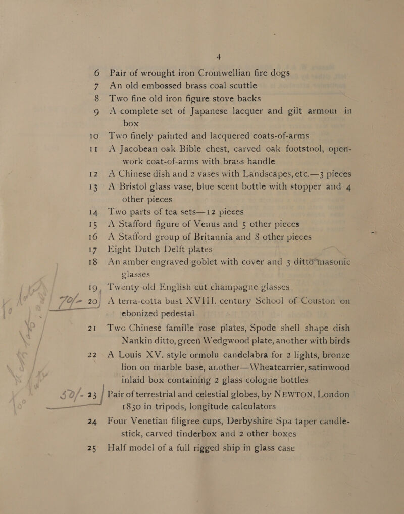 12 13 14 15 16 17 18 19, 21 22 4 Pair of wrought iron Cromwellian fire dogs An old embossed brass coal scuttle Two fine old iron figure stove backs A complete set of Japanese lacquer and gilt armout in box Two finely painted and lacquered coats-of-arms _ A Jacobean oak Bible chest, carved oak footstool, open- work coat-of-arms with brass handle A Chinese dish and 2 vases with Landscapes, etc. —3 pieces A Bristol glass vase, blue scent bottle with stopper and 4 other pieces Two parts of tea sets—12 pieces A Stafford figure of Venus and 5 other pieces A Stafford group of Britannia and 8 other pieces Eight Dutch Delft plates An amber engraved goblet with cover and 3 dittO@ masonic glasses Twenty old English cut champagne glasses A terra-cotta bust X VIII. century School of Couston on ebonized pedestal Two Chinese famille rose plates, Spode shell shape dish Nankin ditto, green Wedgwood plate, another with birds A Louis XV. style ormolu candelabra for 2 lights, bronze lion on marble base, another— Wheatcarrier, satinwood inlaid box containing 2 glass cologne bottles 24 25 1830 in tripods, longitude calculators Four Venetian filigree cups, Derbyshire Spa taper candle- stick, carved tinderbox and 2 other boxes Half model of a full rigged ship in glass case