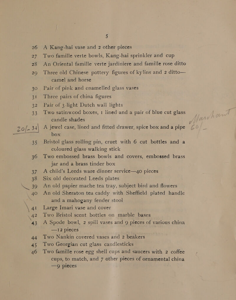 26 27 28 29 30 31 cy 33 37 38 Se 40 a a 43 44 45 46 5 A Kang-hai vase and 2 other pieces Two famille verte bowls, Kang-hai sprinkler and cup An Oriental famille verte jardiniere and famille rose ditto Three old Chinese pottery figures of kylins and 2 ditto— camel and horse Pair of pink and enamelled glass vases Three pairs of china figures Pair of 3-light Dutch wall lights Two satinwood boxes, 1 lined and a pair of blue cut glass candle shades A jewel case, lined and fitted drawer, spice box and a pipe box Bristol glass rolling pin, cruet with 6 cut bottles and a coloured glass walking stick Two embossed brass bowls and covers, embossed brass jar and a brass tinder box A child’s Leeds ware dinner service—4o pieces Six old decorated Leeds plates An old papier mache tea tray, subject bird and flowers An old Sheraton tea caddy with Sheffield plated handle and a mahogany fender stool Large Imari vase and cover Two Bristol scent bottles on marble bases A Spode bowl, 2 spill vases and 9 pieces of various china —1I2 pieces Two Nankin covered vases and 2 beakers Two Georgian cut glass candlesticks Two famille rose egg shell cups and saucers with 2 coffee —9 pieces SS
