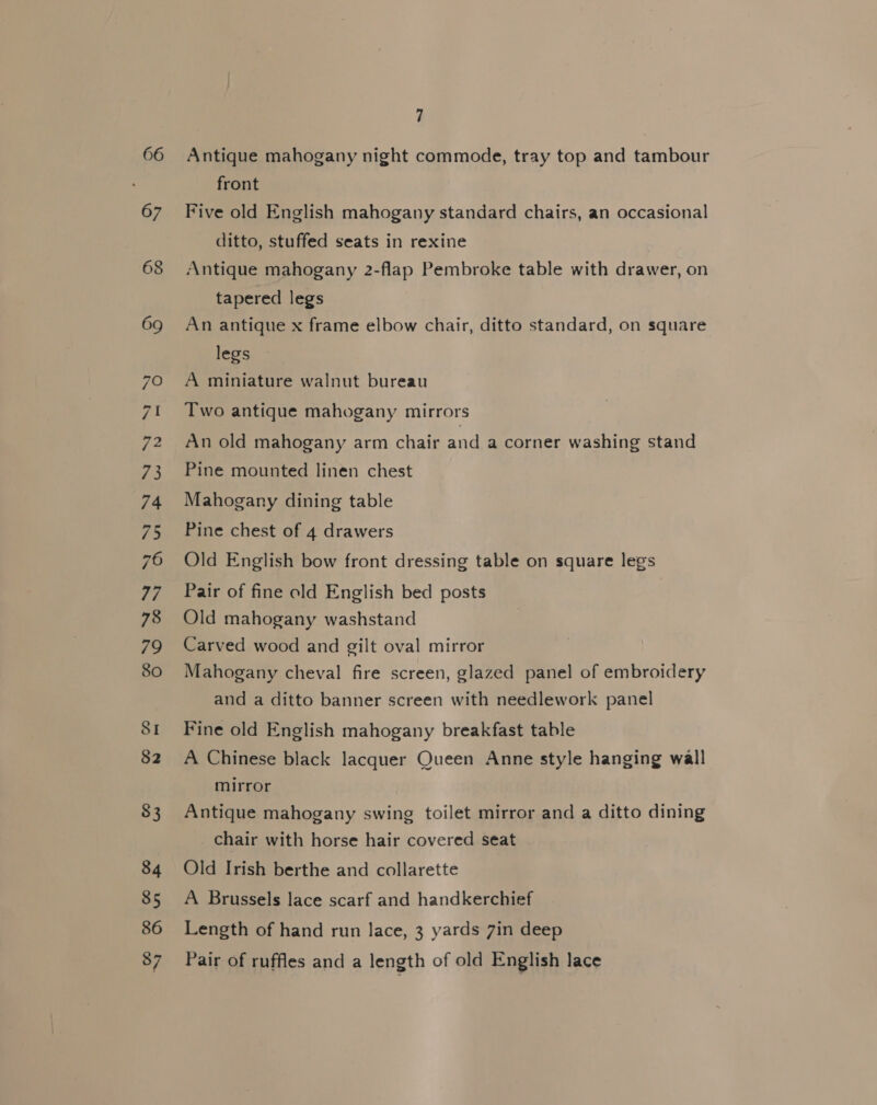 66 . : 68 69 70 ai 72 73 74 75 76 77 78 79 SO SI $2 83 84 85 86 87 7 Antique mahogany night commode, tray top and tambour front Five old English mahogany standard chairs, an occasional ditto, stuffed seats in rexine Antique mahogany 2-flap Pembroke table with drawer, on tapered legs An antique x frame elbow chair, ditto standard, on square legs A miniature walnut bureau Two antique mahogany mirrors An old mahogany arm chair and a corner washing stand Pine mounted linen chest Mahogany dining table Pine chest of 4 drawers Old English bow front dressing table on square legs Pair of fine old English bed posts Old mahogany washstand Carved wood and gilt oval mirror Mahogany cheval fire screen, glazed panel of embroidery and a ditto banner screen with needlework panel Fine old English mahogany breakfast table A Chinese black lacquer Queen Anne style hanging wall mirror Antique mahogany swing toilet mirror and a ditto dining chair with horse hair covered seat Old Irish berthe and collarette A Brussels lace scarf and handkerchief Length of hand run lace, 3 yards 7in deep Pair of ruffles and a length of old English lace