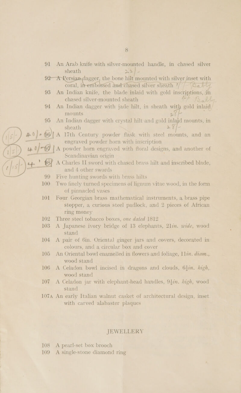 91 An Arab knife with silver-mounted handle, in chased silver sheath ti } - 92 a ger, the bone hilt mounted with silver inset with coral, in-embossed and Chased silver sheath If Kia de if 93 An Indian knife, the blade inlaid with gold inscriptions, im chased silver-mounted sheath + 7 94 An Indian dagger with jade hilt, in sheath NL gold inlaid mounts 95 An Indian dagger with crystal hilt and gold inlaj d mounts, in a \ sheath ae ge 9 Ic 06) A l%th Century powder flask with steel nae and an ei Ss engraved powder horn with inscription ae o): “9 [A powder horn engraved with floral designs, and another of Scandinavian origin * §sp A Charles Il sword with chased brass hilt and inscribed blade, | and 4 other swords 99 Five hunting swords with brass hilts 100 ‘Two finely turned specimens of liignum vitae wood, in the form of pinnacled vases 101 Four Georgian brass mathematical instruments, a brass pipe stopper, a curious steel padlock, and 2 pieces of African ring money 102 Three steel tobacco boxes, one dated 1812 103 A Japanese ivory bridge of 13 elephants, 2lin. wide, wood stand 104 A pair of 6in. Oriental ginger jars and covers, decorated in colours, and a circular box and cover 105 An Oriental bowl enamelled in flowers and foliage, lla. diam., wood stand 106 A Celadon bowl incised in dragons and clouds, 637. high, wood stand 107 A Celadon jar with elephant-head handles, 937n. digh, wood stand 107A An early Italian walnut casket of architectural design, inset with carved alabaster plaques  JEWELLERY 108 A pearl-set box brooch 109 A single-stone diamond ring