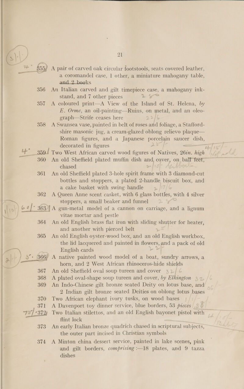 PnP   21 = S 55) A pair of carved oak circular footstools, seats covered leather, a coromandel case, | other, a miniature mahogany table, and.2-books 356 An Italian carved and gilt timepiece cane a mahogany ink- stand, and 7 other pieces 7 &amp; 357. A coloured print—A View of the intl of St. Helena, oy E. Orme, an oil-painting—Ruins, on metal, and an oleo- eraph—Strife ceases here 22 - |b 358 A Swansea vase, painted in belt of roses and foliage, a Stafford- shire masonic jug, a cream-glazed oblong relievo plaque— Roman figures, and a japanese oe saucer dish, chased - 361 An old Sheffield plated 3-hole spirit feasie with 3 diamond-cut bottles and stoppers, a plated 2-handle, biscuit box, and a cake basket with swing handle x ji7 362 A Queen Anne scent casket, with 6 glass bottles, with 4 silver stoppers, a small beaker and funnel o&gt; vitae mortar and pestle 364 An old English brass flat iron with sliding shutter for heater, and another with pierced belt 365 An old English oyster-wood box, and an old English workbox, the lid lacquered and painted in flowers, and a pack of old English cards - Ls horn, and 2 West African rhinoceros-hide shields 367 An old Sheffield oval soup tureen and cover 3 7/ 368 &lt;A plated oval-shape soup tureen and cover, by Elkington Z 369 An Indo-Chinese gilt bronze seated Deity on lotus base, and . 2 Indian gilt bronze seated Deities on oblong lotus bases 370 Two African elephant ivory tusks, on wood bases | 371 A Davenport toy dinner service, blue borders, 53 pieces .2 flint lock 373 An early Italian bronze quadrich chased in entail subjects, the outer part incised in Christian symbols 374 A Minton china dessert service, painted in lake scenes, pink and gilt borders, comprising :—18 plates, and 9 tazza dishes