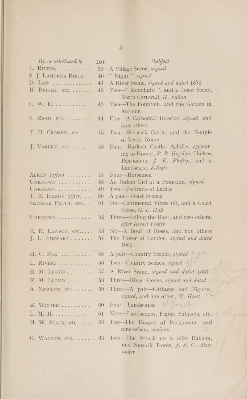  HPAES) 404 wos eetine oaks 39 S. J. LAMoRNA BircH .. 40 | ol S\N geen eat LEN 4] CNet. 2283. 3 SAS 43 SEA ELCs... 3 Oe 44 We Fl CROMEK, etc. us. 45 Se EAP, CLC a nee 46 PRION GEET | os. cay Mo 47 PIG a ds 48 MON INOWN = 5808 sca e 49 Wy. HARDY: (after) ...7 D0 SEINNER PROUT, etc... 51 WGIRAGNOWING 205 oie ke 52 ime in? WUAWSON, €tC.. 54 aS Deal em WARTS Soc, bts 54 OX ee tes son's 55 NE MCIVERS one ahs -s 56 ah! ECoG 57 fe VieMeLOYD. .. 5... ... 58 ee, NEWeYN etc. |!...... oe eWVENEER “So 025 cab 60 1 2 ee ara ap 61 Pony. STACI Cte). nae) 62 Mo WADLENMN, €UC.co.225..+ 63 A Village Scene, signed “ Night”, signed A River Scene, signed and dated 1872 North Cornwall, H. Sutton Two—The Fountain, and the Garden in Autumn Five—A Cathedral Interior, szgned, and four others Two—Warwick Castle, and the Temple af Vesta, Rome Four—-Harlech Castle, Achilles appear- ing to Homer, Bb. Rk. Haydon, Chelsea Pensioners, J. .- Philp, and a Landscape, Zellott: Four—Horsemen An Italian Girl at a Fountain, segned Two—Portraits of Ladies A pair—Coast Scenes Six—Continental Views (5), and a Coast scene, G. L. Hall Three—Sailing the Boat, and two others, after Birket Foster Six—A Bowl of Roses, and five others The Tower of London, signed and dated 1900 A pair—Country Scenes, signed Two—Country Scenes, signed @/ A kiver Scene, signed and dated 1887 Three—River Scenes, signed and dated | Three—A pair—Cottages and Figures, signed, and one other, W. Hunt Four—Landscapes Nine—Landscapes, Figure Subjects, etc. Ten—The Houses of Parliament, and nine others, various Two—The Attack on a Kite Balloon, and Newark Tower, J. S. C. Alex- ander 