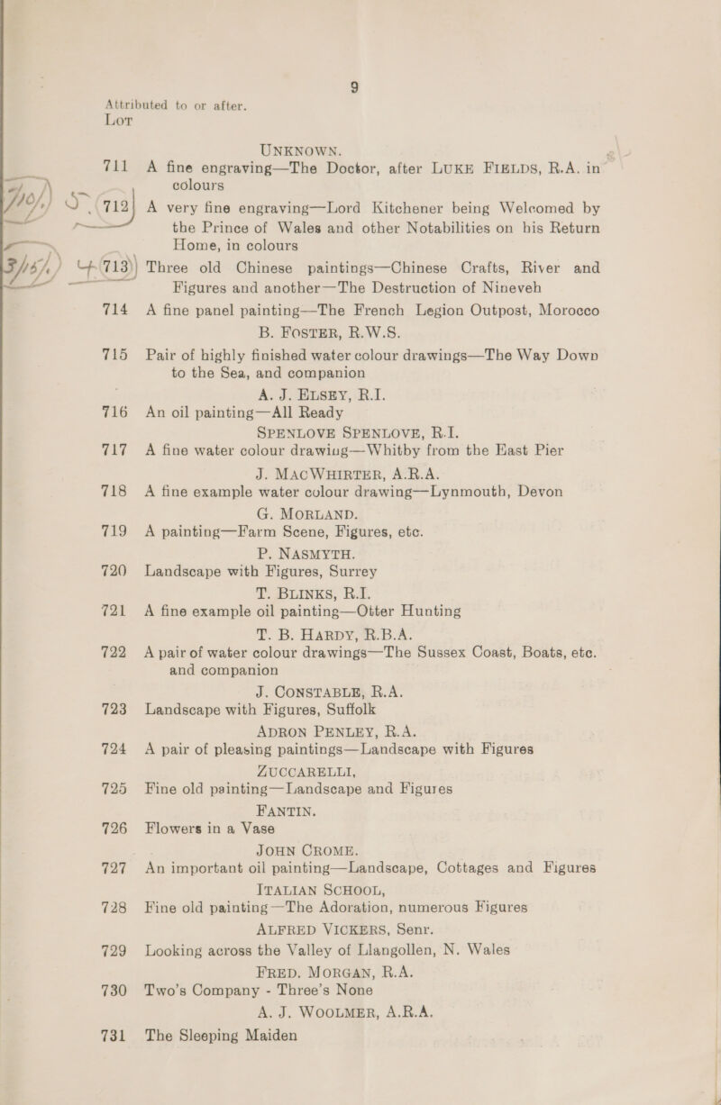 Lor UNKNOWN. ; a 711 A fine engraving—The Doctor, after LUKE FIELDS, R.A. in “f , /\ s colours oy O . 712) A very fine engraving—Lord Kitchener being Welcomed by wa —- the Prince of Wales and other Notabilities on his Return . . Home, in colours Yb) / Ch 713)) Three old Chinese paintings—Chinese Crafts, River and — Figures and another—The Destruction of Nineveh 714 A fine panel painting—The French Legion Outpost, Morocco B. FOSTER, R.W.S. 715 Pair of highly finished water colour drawings—The Way Down to the Sea, and companion A. J. ELSEY, BR.I. 716 An oil painting—All Ready SPENLOVE SPENLOVE, R.I. 717 A fine water colour drawiung—Whitby from the East Pier J. MACWHIRTER, A.R.A. 718 A fine example water colour drawing—Lynmouth, Devon G. MORLAND. 719 <A painting—Farm Scene, Figures, etc. P. NASMYTH. 720 Landscape with Figures, Surrey T. BLINKS, R.I. 721 A fine example oil painting—Otter Hunting T. B. Harpy, R.B.A. 722 Apairof water colour drawings—The Sussex Coast, Boats, ete. and companion J. CONSTABLE, R.A. 723 Landscape with Figures, Suffolk ADRON PENLEY, R.A. 724 A pair of pleasing paintings—Landscape with Figures ZUCCARELLI, 725 Fine old painting—Landscape and Figures FANTIN. 726 Flowers in a Vase ok JOHN CROME. 727 An important oil painting—Landscape, Cottages and Figures ITALIAN SCHOOL, 728 Fine old painting —The Adoration, numerous Figures ALFRED VICKERS, Senr. 729 Looking across the Valley of Llangollen, N. Wales FRED. MORGAN, R.A. 730 Two’s Company - Three’s None A. J. WOOLMER, A.R.A. 731 The Sleeping Maiden