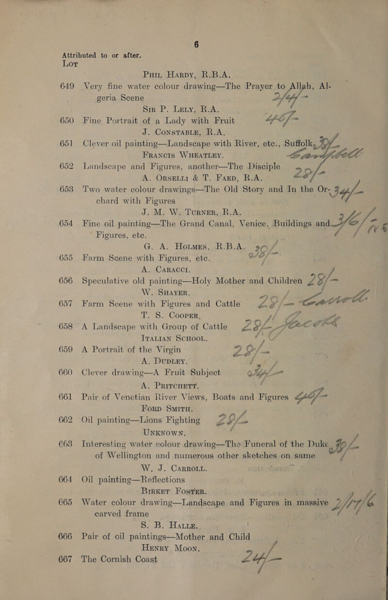 649 654 666 667 Puin Harpy, R.B.A. Very fine water colour drawing—The Prayer to Allah, Al- geria Scene 2f44- bin P.’ DELyeReA. se es Fine Portrait of a Lady with Fruit “p-6f- - J. CONSTABLE, R.A. Clever oil painting—Landsecape with River, etc., Suffolk ye FRANCIS WHEATLEY. eo les FAG Landscape and Figures, another—The Disciple 2 9/- A. Orsetir &amp; T. Fasp, R.A. Two water colour drawings—The Old Story and In the Or- 3 54f/- chard with Figures J.-M. W.. TuRNER, R.A, ey Bs Fine oil painting—The Grand Canal, Venice, Buildings and Fé GS, / / Figures, ete. ae G. A. Hotmzs, R.B.A. ga 7 &amp; \ : a ew P.. .e a   Farm Scene with Figures, ete. A. CARACCI. Speculative old painting—Holy Mother and Children 29/- — | W. SHAYER iS Farm Scene with Figures and Cattle ZZ 1? — act tor T. S. Cooper, A Landscape with Group of Cattle 4% 296, ‘@ Ao ee 4 ITALIAN SCHOOL. A Portrait of the Virgin Z of ee A. DUDLEY. tt Clever drawing—A Fruit Subject 0. oe ae A. PrRiItcHETT. Pair of Venetian River Views, Boats and Figures SY T. Forp SMITH. , Oil paintinge—Lions Fighting ZS UNKNOWN, c P Interesting water colour drawing—The Funeral of the Duke 5 ye of Wellington and numerous other sketches on same t | W. J. Carrouu. ; Oil painting—Reflections BrrKker Foster. 2 Wh SPR /, Water colour drawing—Landscape and Figures in massive Yeu carved frame | eee fate” - é S. B. Haus. Pair of cil paintings—Mother and Child Henry Moon, fe ea The Cornish Coast Zo, /