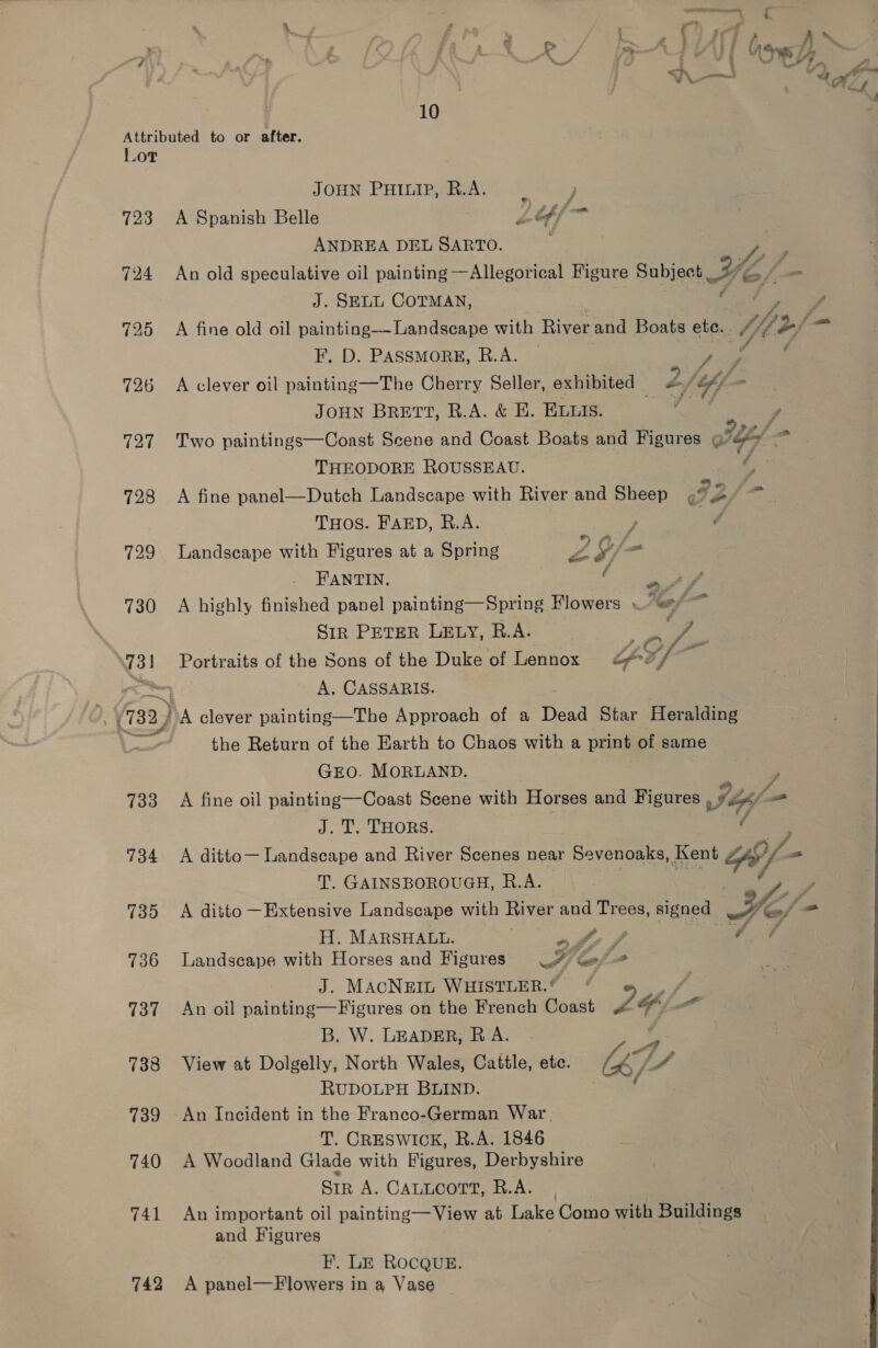 Attributed to or after. Lot JOHN PHILIP, R.A. 7 723 A Spanish Belle Lof/~=— ANDREA DEL SARTO. 724 An old speculative oil painting —Allegorical Figure Subject YC o/-- J. SELL COTMAN, 725 A fine old oil painting—_Landscape with River and Boats ete. . he F. D. PASSMORE, R.A. . Z / 726 A clever oil painting—The Cherry Seller, exhibited Lf eff Ta. JOHN BRert, R.A.&amp; EB. ELLIS. ~ * ; 727 Two paintings—Coast Scene and Coast Boats and Figures @ fs THEODORE ROUSSEAU. | | 728 A fine panel—Dutch Landscape with River and nee Fs ra THOS. FAED, R.A. oS a 729 Landscape with Figures at a Spring Z $ -_ FANTIN. (ae 730 A highly finished panel painting—Spring Flowers . 1, —. Sir PETER LELY, R.A. ee \731 Portraits of the Sons of the Duke of Lennox pe] as pS A. CASSARIS. (732) A clever painting—The Approach of a Dead Star Heralding ewe the Return of the Earth to Chaos with a print of same GEO. MORLAND. 733 A fine oil painting—Coast Scene with Horses and Figures IEA/ a J. IT. THORS. é 734 <A ditto— Landscape and River Scenes near Sevenoaks, Kent ME os T. GAINSBOROUGH, R.A. | , 735 A ditto —Extensive Landscape with BAYGE a Trees, signed ES e/ = rd H. MARSHALL. od?! 4 736 Landscape with Horses and Figures 2% C c J. MACNEIL WHISTLER.* 737 An oil painting—Figures on the French Coast pe it B. W. LEADER, R A. j . <F 738 View at Dolgelly, North Wales, Cattle, ete. LET RUDOLPH BLIND. f 739 An Incident in the Franco-German War. T. CRESWICK, R.A. 1846 740 A Woodland Glade with Figures, Derbyshire S1R A. CALLCOTT, R.A. 741 An important oil painting—View at Lake Como with Buildings and Figures F. LE ROcQUE. 742 A panel—Flowers in a Vase