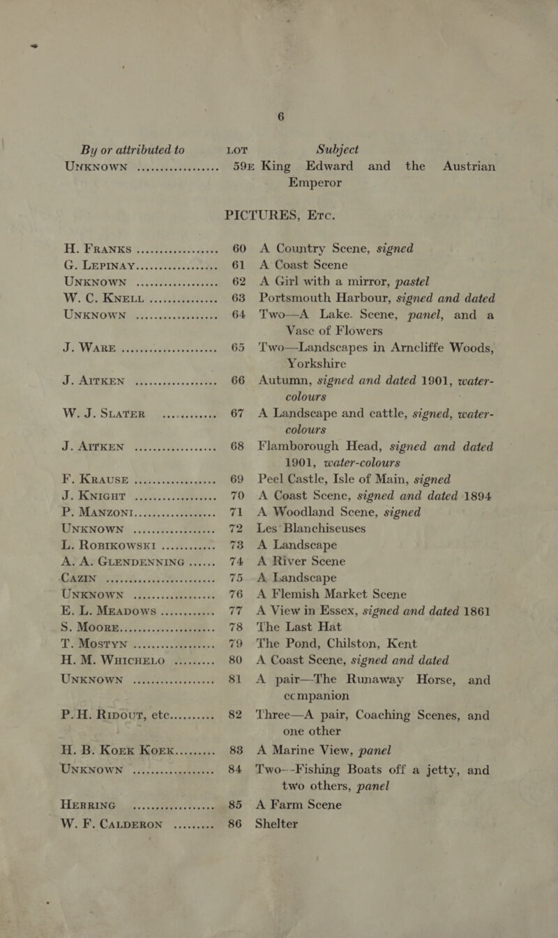 Subject | Austrian Emperor By or attributed to LOT USRRNOW)E iid: H. ERNE Gee Ae 60 GS DRPINAY... semmelies ode 61 UNENOWR .:.. 8 Sine 62 W. GoEweute,, char 63 UNENOWS5 obs). seeder tees 64 Js WAR Bat .. Sk tet te 65 yA Se. sade. dee 66 Wrael cS LA Te an oe alone 67 ad. WROTE Sccoe cecal eco 0 cee 68 ¥ SIG RAUSE -inesstsaep es he 69 c) PaO IT! * g LSat ss aes 70 &gt; DESMVONT.. on Sacs. ate os 71 EINENO WN: &gt;: 0cdies.cestees 72 ae ROBIKOWSEI ...%..cae: 73 A. Av GLENDENNING. ...... 74 CMMI ee, £54. iad th cadens 15 Cho: (c.g. a rr ee eee 76 Eas RADOWS «i 5..0.008% if ou) eee Sa 78 T SEWN Gs. ck aes 79 H. M. WHICHELO ......... 80 UMNEROVEN | .2ovri coe 81 PUA Riou, ctc........05 82 H. B. Kork Koek......... 83 OTEK MOWN ~ oko ane canes 84. Fieneingee fo teoe. trices 85 yy 86 A Country Scene, signed A Coast Scene A Girl with a mirror, pastel Portsmouth Harbour, signed and dated Two—A Lake. Scene, panel, and a Vase of Flowers Two—Landscapes in Arncliffe Woods, Yorkshire Autumn, signed and dated 1901, colours A Landscape and cattle, signed, water- colours Flamborough Head, signed and dated 1901, water-colours Peel Castle, Isle of Main, signed A Coast Scene, signed and dated 1894 A Woodland Scene, signed Les’ Blanchiseuses A Landscape A River Scene A. Landscape A Flemish Market Scene A View in Essex, signed and dated 1861 The Last Hat The Pond, Chilston, Kent A Coast Scene, signed and dated water- A pair—The Runaway Horse, and ecmpanion Three—A pair, Coaching Scenes, and one other A Marine View, panel Two---Fishing Boats off a jetty, and two others, panel A Farm Scene Shelter