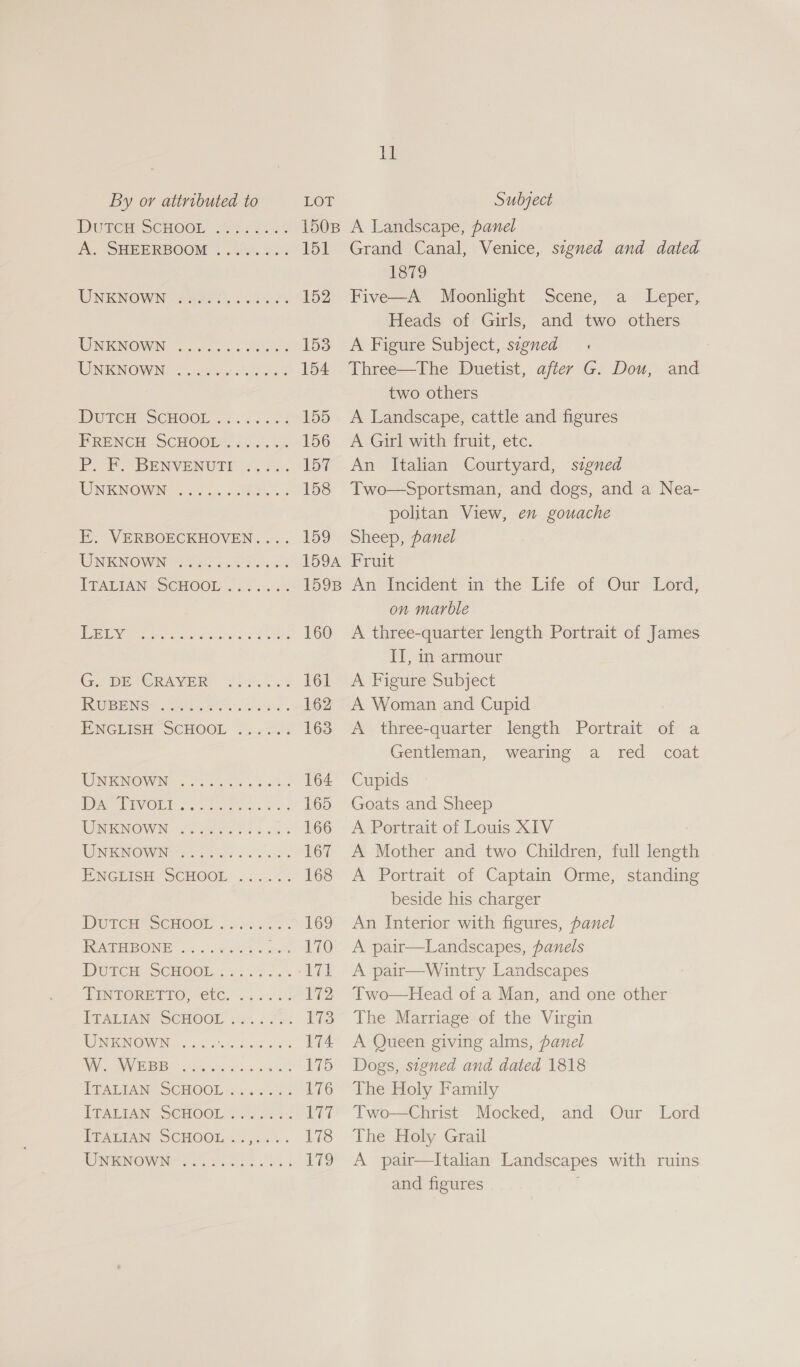 DuTcH SCHOOL A. SHEERBOOM ........ 151 UNKNOWN fase ok. oot 152 WNKNOWIN 5020... CREE 153 UNKNOWN 2.2 a Poko 154 Deitce SCHOOL 44 :... 23 155 PRENCH SCHOOL : 6... 123 156 PoE -BENVENUTRoOs «2. 157 RINKNOWO? 225°... ee” : 158 E. VERBOECKHOVEN.... 159 UNKNOWN Pees 159A TTALIANASCHOOL 225... &lt;0 159B ei Fe uaa oT aes 160 Gore CRAVER: -9.55.4 64 161 RGBENS= oer, Oakes 162 PNGLISH SCHOOL Jsece% 163 NOW os Shee as 164 DA vor shor si 165 PINGNOVEN. Soo eos sc 2 166 WINIENOWIN' 32 uae 167 EeSGEISH SCHOOL... 0% 168 DurcH SCHOOE ii. sTeS 169 IATEEONE ona vee bere. 170 IDRC SOB OOb. 4 05.5 val Ta roRE ITO. ete? 2)2'5 2 172 PrALIAW SCHOOD wi5. O55 fay Gs: HAURROMONNING. fans als, ocaceoe 4.08 174 I NN GB ie atk ht 175 EFADIAN SCHOOL.2% oleh 176 TRALIAN -SOHOOL 2) ots ETT EPALIAN, SCHOOL. ..5.. LIS WINMENOW NAY. ed ss 179 Il Grand Canal, Venice, signed and dated 1879 Five—A Moonlight Scene, a_ Leper, Heads of Girls, and two others A Figure Subject, signed : Three—The Duetist, after G. Dou, and two others A Landscape, cattle and figures A Girl with fruit, etc. An Italian Courtyard, signed Two—Sportsman, and dogs, and a Nea- politan View, en gouache Sheep, panel Fruit An Incident in the Life of Our Lord, on marble A three-quarter length Portrait of James II, in armour A Figure Subject A Woman and Cupid A three-quarter length Portrait of a Gentleman, wearing a red coat Cupids Goats and Sheep A Portrait of Louis XIV A Mother and two Children, full length A Portrait of Captain Orme, standing beside his charger An Interior with figures, panel A pair—Landscapes, panels A pair—Wintry Landscapes Two—Head of a Man, and one other The Marriage of the Virgin A Queen giving alms, panel Dogs, signed and dated 1818 The Holy Family Two—Christ Mocked, The Holy Grail A pair—Italian Landscapes with ruins and figures and Our ler