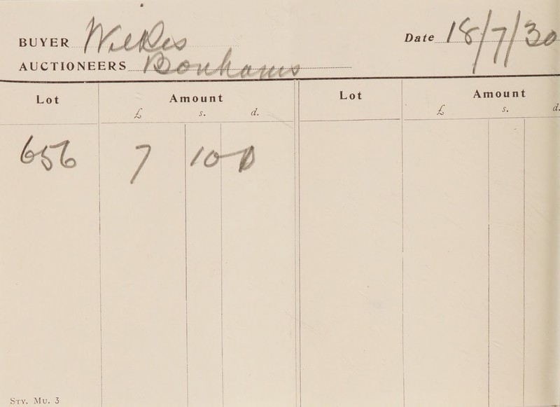 BUYER. We tbeo Date... Is] Sp a, AUCTIONEERS... hQe- 14. a e ihe / : Lot Amount Lot Amount 4 5, a. rs os d bet 7 lot            Sins Wiloe Ss   