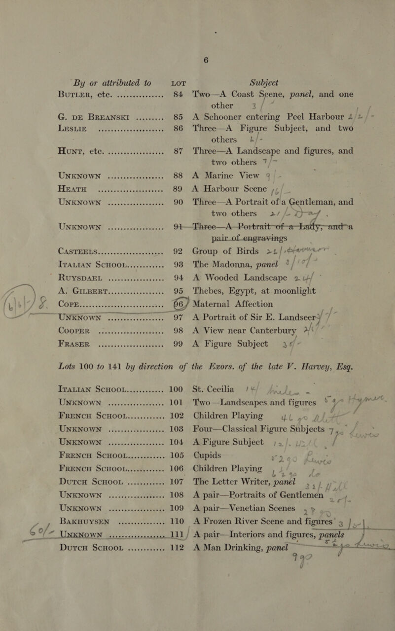 By or attributed to LOT Subject Burien; cM Rasa 84 Two—A Coast Scene, panel, and one other 3 / ; G. DE BREANSKI ......... 85 A Schooner entering Peel Harbour 4/2, - LESsiiey Wort;. ia. 86 Three—A Figure Subject, and two others 4/- Hunt.” eto. 3.2 ees 87 Three—A Landscape and figures, and two others 7/~ UONENOWN i:....,..en0 fee 88 A Marine View 4 ‘ Tis Ar yee. areas cae ee eee 89 A Harbour Scene 1b UNENOWWN i0..\.2. ccpusaunees 90 Three—A Portrait of a Gentleman, aie two others 2/1 Zpe/ UNENOWH? %)....ccateetenee 91 Three—A- postrat deere ae pair_of.engravings : CAGTIES 17, oda cceen teehee 92 Group of Birds a2 | -ehowun . ITALIAN SCHOOL..........:. 93 The Madonna, panel $/ TERT SOAR IGS t,o veceneok ene? 94 A Wooded Landscape 2+ ASILBSET,,. 0-5. cscretta wee 95 Thebes, Egypt, at moonlight ] 2 CR ars, Gatatees atte ceeian 66) Maternal Affection er LEEW 5. F0eks > uacstree 97 <A Portrait of Sir E. Landseery AER i'n war's vosendtaoueics 98 A View near Canterbury rf A 1 a Pe os fF 99 A Figure Subject ye- Lots 100 to 141 by direction of the Exors. of the late V. Harvey, Esq. ITALIAN SCHOOL......00002: 100. St.Cectlia #4) faaf, . . TRIO WN os ss cigs v2 alae sc 101 Two—Landscapes and figures 5 ): eetggile FreNncu SCHOOL.........0.. 102 Children Playing yl ,o sf ’ SNEBOWN: © .1...4. stipes 103 Four—Classical Figure Subjects 7 2 TRERIIOIWN, cscs <s esd cpakene 104 A Figure Subject ;./. 1) ae FRENCH SCHOOL.........++. 105 Cupids mw 1s. FRENCH SCHOOL..........+. 106 Children Playing Sy i Durcu ScHoot..\...icusetss 107 The Letter Writer, carl a Sn UNENOWN .. 2:25. saseelleess 108 <A pair—Portraits of Gentlemen a t UNENOWN |. o%. .j0<sdtepeupen 109 A pair—Venetian Scenes , > .. sy BaARHUMSEM «agai cees. ees 110 A Frozen River Scene and figures’ 3). 4 6 oF AITO WN ino cs sc's reseeue 111/ A pair—Interiors and GENES, panels | ise