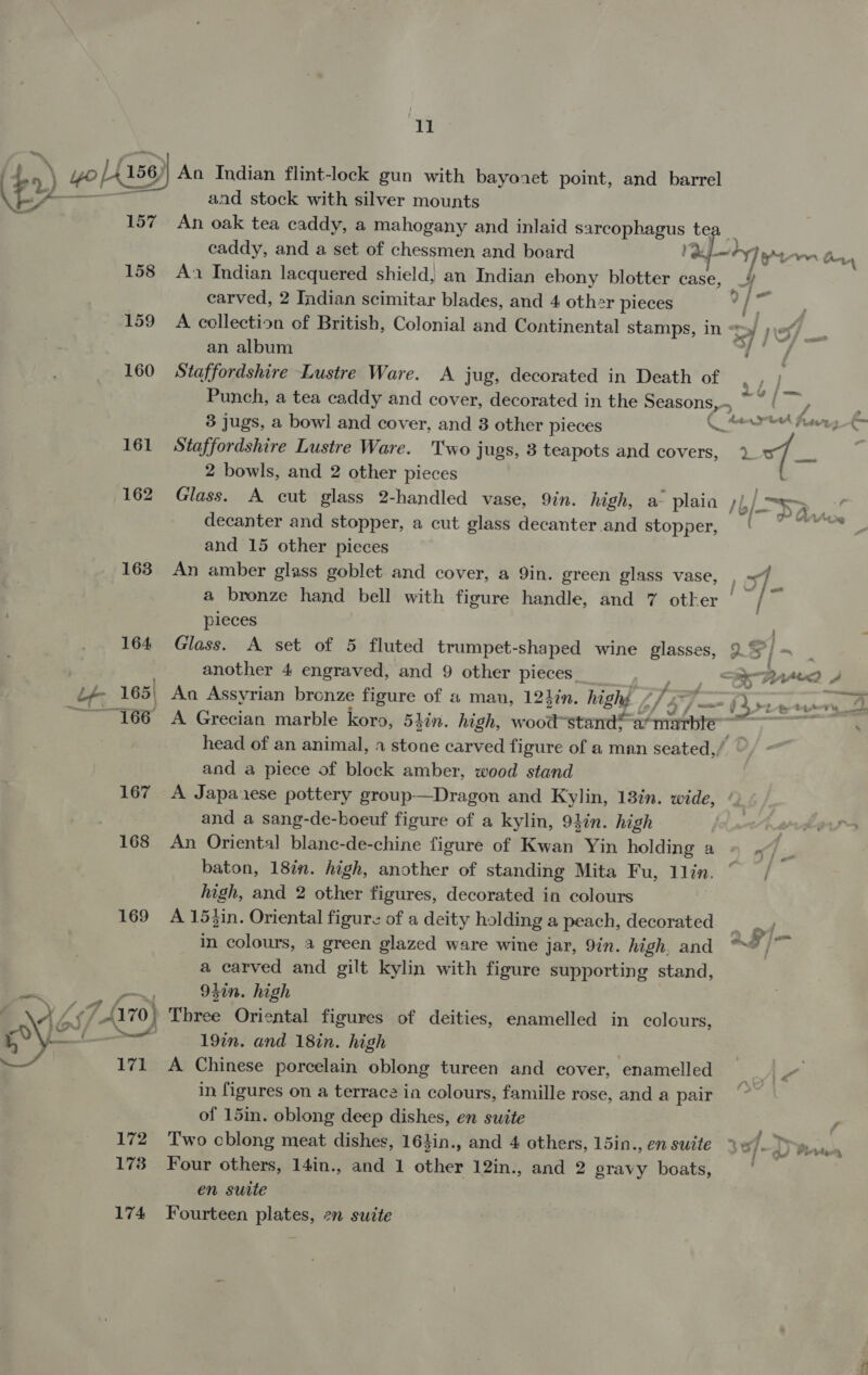 (pees 158 159 160 163 164. Le 165) Breaeipn(. 5g 167 168 169 £70) evel 171 172 1738 174 11 An Indian flint-lock gun with bayoxet point, and barrel and stock with silver mounts An oak tea caddy, a mahogany and inlaid sarcophagus te. caddy, and a set of chessmen and board re P|: Pim Gy An Indian lacquered shield, an Indian ebony blotter case, : 4 carved, 2 Indian scimitar blades, and 4 other pieces a A collection of British, Colonial and Continental stamps, in « 7 “Bicy, sy an album sf Staffordshire Lustre Ware. A jug, decorated in Death of ced Punch, a tea caddy and cover, decorated in the Seasons,.~ ~ {7 Aator, beet A we 3 jugs, a bowl and cover, and 8 other pieces pes Staffordshire Lustre Ware. Two jugs, 8 teapots and covers, 2 a 2 bowls, and 2 other pieces Glass. A cut glass 2-handled vase, Qin. high, a plaia ;/, | = ; decanter and stopper, a cut glass decanter and stopper, | vat and 15 other pieces An amber glass goblet and cover, a 9in. green glass vase, , ~4 a bronze hand bell with figure handle, and 7 other | — / Ee pieces be : Glass. A set of 5 fluted trumpet-shaped wine glasses, 9. S]- : another 4 engraved, and 9 other pieces. DAAC? Ana Assyrian bronze figure of a man, 12hin. hight // 2-7 = re} FUP A Grecian marble koro, 5kin. high, wood-stands-a* marble ae head of an animal, a stone carved figure of a man seated,/ © and a piece of block amber, wood stand A Japanese pottery group—Dragon and Kylin, 13in. wide, and a sang-de-boeuf figure of a kylin, 9lin. high An Oriental blanc-de-chine figure of Kwan Yin holding a te baton, 18in. high, another of standing Mita Fu, llin. © / high, and 2 other figures, decorated in colours A 153in. Oriental figure of a deity holding a peach, decorated in colours, a green glazed ware wine jar, 9in. high. and a carved and gilt kylin with figure supporting stand, 93in. high Three Oriental figures of deities, enamelled in colours, 197n. and 18in. high A Chinese porcelain oblong tureen and cover, enamelled a hie in figures on a terrace in colours, famille rose, and a pair“ of 15in. oblong deep dishes, en suite Two cblong meat dishes, 164in., and 4 others, 15in., en suite Four others, 14in., and 1 other 12in., and 2 gravy boats, en suite Fourteen plates, 2n suite