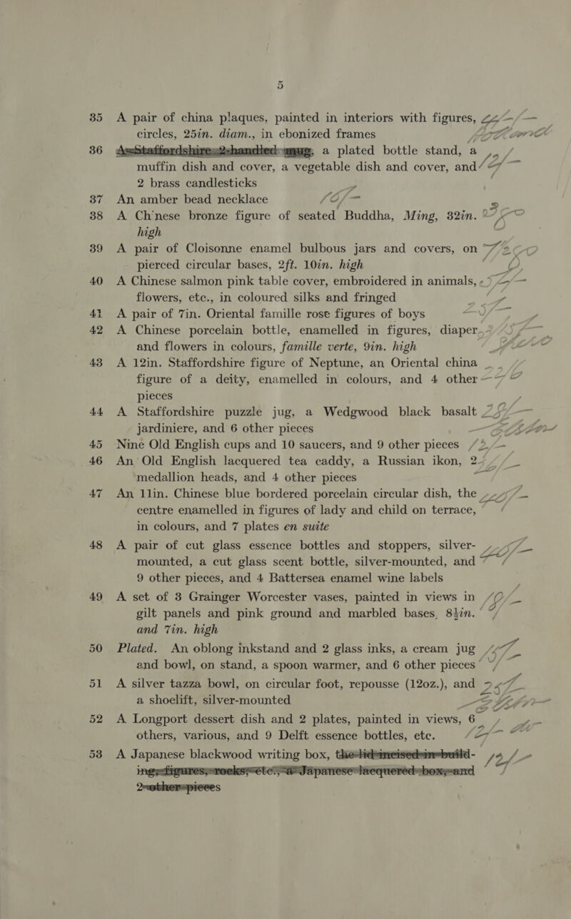 48 49 50 51 52 53  A pair of china plaques, painted in interiors with Pages oo —_/&lt;— circles, 25in. diam., in ebonized frames i sori ‘-dshire..2-hand: a plated bottle stand, a muffin side Bade cover, a vegetable dish and cover, A 7 a 2 brass candlesticks J An amber bead necklace Sai ° A Ch'nese bronze figure of seated Buddha, Ming, 32in. © Vs Y high A pair of Cloisonne enamel bulbous jars and covers, on ~~ @ pierced circular bases, 2ft. 10in. high blog 4 A Chinese salmon pink table cover, embroidered in animals, ¢ ° LA! — flowers, ete., in coloured silks and fringed ; . A pair of 7in. Oriental famille rose figures of boys Was A Chinese porcelain bottle, enamelled in figures, diaper and flowers in colours, famille verte, 9in. high pe A 12in. Staffordshire figure of Neptune, an Oriental china _ —\ figure of a deity, enamelled in colours, and 4 other —~ lo pieces a A Staffordshire puzzle jug, a Wedgwood black basalt 757 — jardiniere, and 6 other pieces —CLE Lo Nine Old English cups and 10 saucers, and 9 other pieces /2.-—_ An Old English lacquered tea caddy, a Russian ikon, 2 medallion heads, and 4 other pieces ae An, llin. Chinese blue bordered porcelain circular dish, the ~~ s centre enamelled in figures of lady and child on terrace, in colours, and 7 plates en suite — A pair of cut glass essence bottles and stoppers, silver- 7 mounted, a cut glass scent bottle, silver-mounted, and hey’ 9 other pieces, and 4 Battersea enamel wine labels A set of 3 Grainger Worcester vases, painted in views in Ay As gilt panels and pink ground and marbled bases, 84in. and Tin. high Plated. An oblong inkstand and 2 glass inks, a cream jug /~ Fr and bowl, on stand, a spoon warmer, and 6 other pieces | ie’ ae 4 A silver tazza bowl, on circular foot, repousse (120z.), and 25 a shoelift, silver-mounted 8 fil 7: A Longport dessert dish and 2 plates, painted in views, os ee others, various, and 9 Delft essence bottles, etc. pane er A Japanese blackwood writing box, the-Hdameisedumebuild- /« / - ° . : 4 oF YE vures,-roeks“étc.. “a Japanese lacquered: box;-and ; 