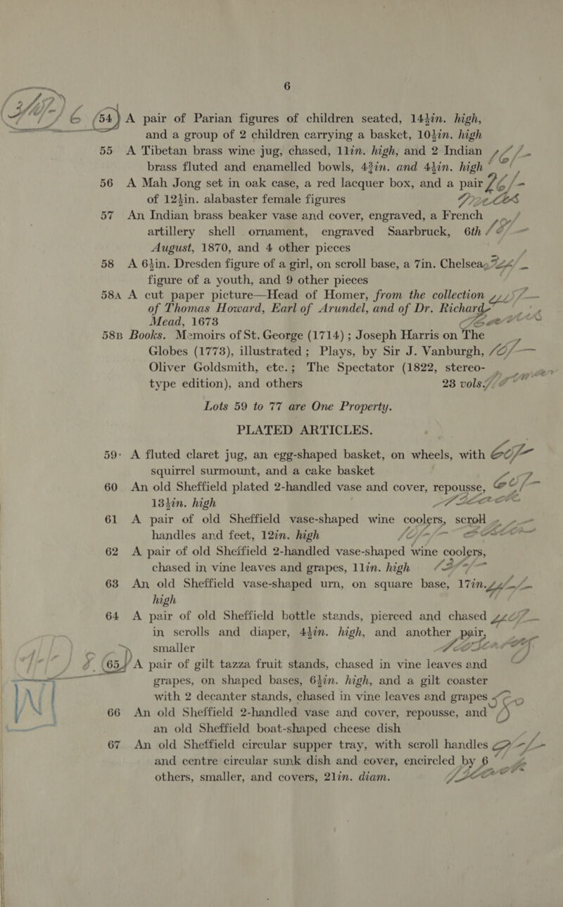 &amp; A pair of Parian figures of children seated, 144in. high, and a group of 2 children carrying a basket, 103in. high 55 A Tibetan brass wine jug, chased, 1lin. high, and 2 Indian / C/ brass fluted and enamelled bowls, 43in. and 44in. high ° 56 A Mah Jong set in oak case, a red lacquer box, and a pair Le if /- - of 124in. alabaster female figures VLE cas 57 An Indian brass beaker vase and cover, engraved, a French artillery shell ornament, engraved Saarbruck, 6th . {é/ August, 1870, and 4 other pieces 58 &lt;A 6tin. Dresden figure of a girl, on scroll base, a 7in. Chelseag I” ii figure of a youth, and 9 other pieces 58a A cut paper picture—Head of Homer, from the collection - of Thomas Howard, Earl of Arundel, and of Dr. Richar: 7 oe Mead, 1673 CO 1b VEEN 588 Books. Memoirs of St. George (1714) ; Joseph Harris on The ms Globes (1773), illustrated; Plays, by Sir J. Vanburgh, fof os Oliver Goldsmith, etc.; The Spectator (1822, stereo- . type edition), and others 23 vols7/7 * Lots 59 to 77 are One Property. PLATED ARTICLES. ipo) 59- A fluted claret jug, an egg-shaped basket, on wheels, with oof squirrel surmount, and a cake basket 60 An old Sheffield plated 2-handled vase and cover, TEPOURSE, eo/- od ed 13hin. high PP LEACE 61 &lt;A pair of old Sheffield vase-shaped wine Ee. sy pin handles and feet, 12in. high cal 1g 62 A pair of old Sheffield 2-handled vase- Hae wine Oe chased in, vine leaves and grapes, llin. high = ¢ ee, i oor 63 An old Sheffield vase-shaped urn, on square base, 17in. bh ae high 64 A pair of old Sheffield bottle stands, pierced and chased yee a in scrolls and diaper, 43in. high, and another Ba smaller AA ee. ‘A pair of gilt tazza fruit stands, chased in vine leaves ind al grapes, on shaped bases, 6$in. high, and a gilt coaster with 2 decanter stands, chased in vine leaves and grapes ‘Cc 66 An old Sheffield 2-handled vase and cover, repousse, and ( an old Sheffield boat-shaped cheese dish 67 An old Sheffield circular supper tray, with scroll handles Go af a and centre circular sunk dish and cover, encircled by 6 44 “4 others, smaller, and covers, 2lin. diam. 7, LLOP es wi fe